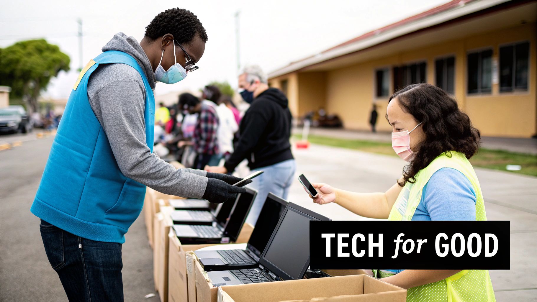 A person hands a refurbished laptop to a smiling student in a community center classroom.