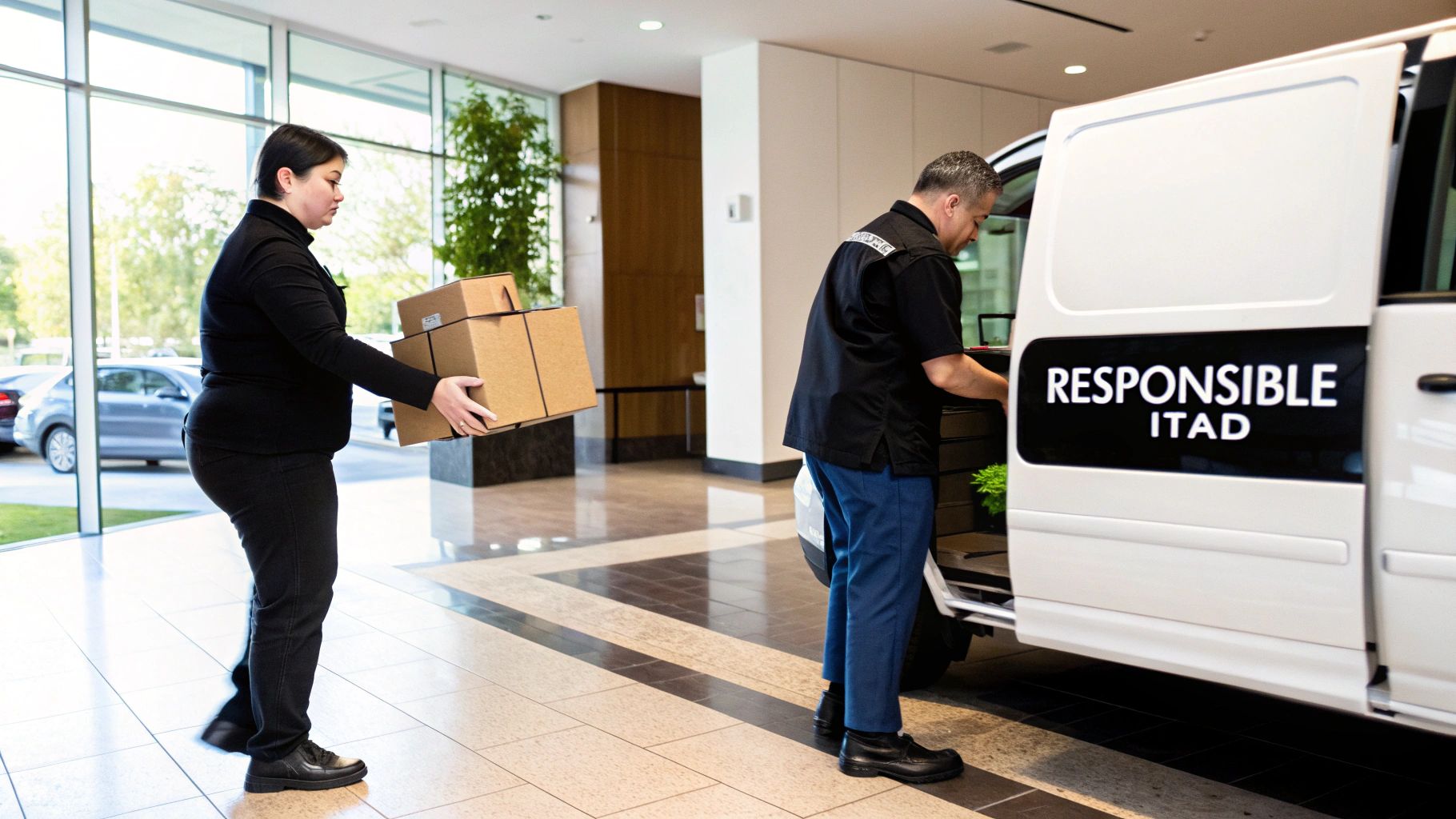 Delivery crew handling IT asset disposition, woman carrying boxes, man loading van marked "RESPONSIBLE ITAD," modern office setting.