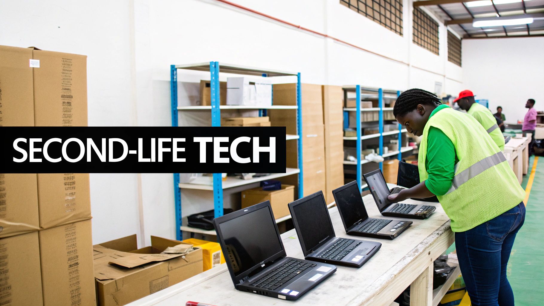 Workers in high visibility vests inspecting refurbished laptops at electronic recycling facility warehouse