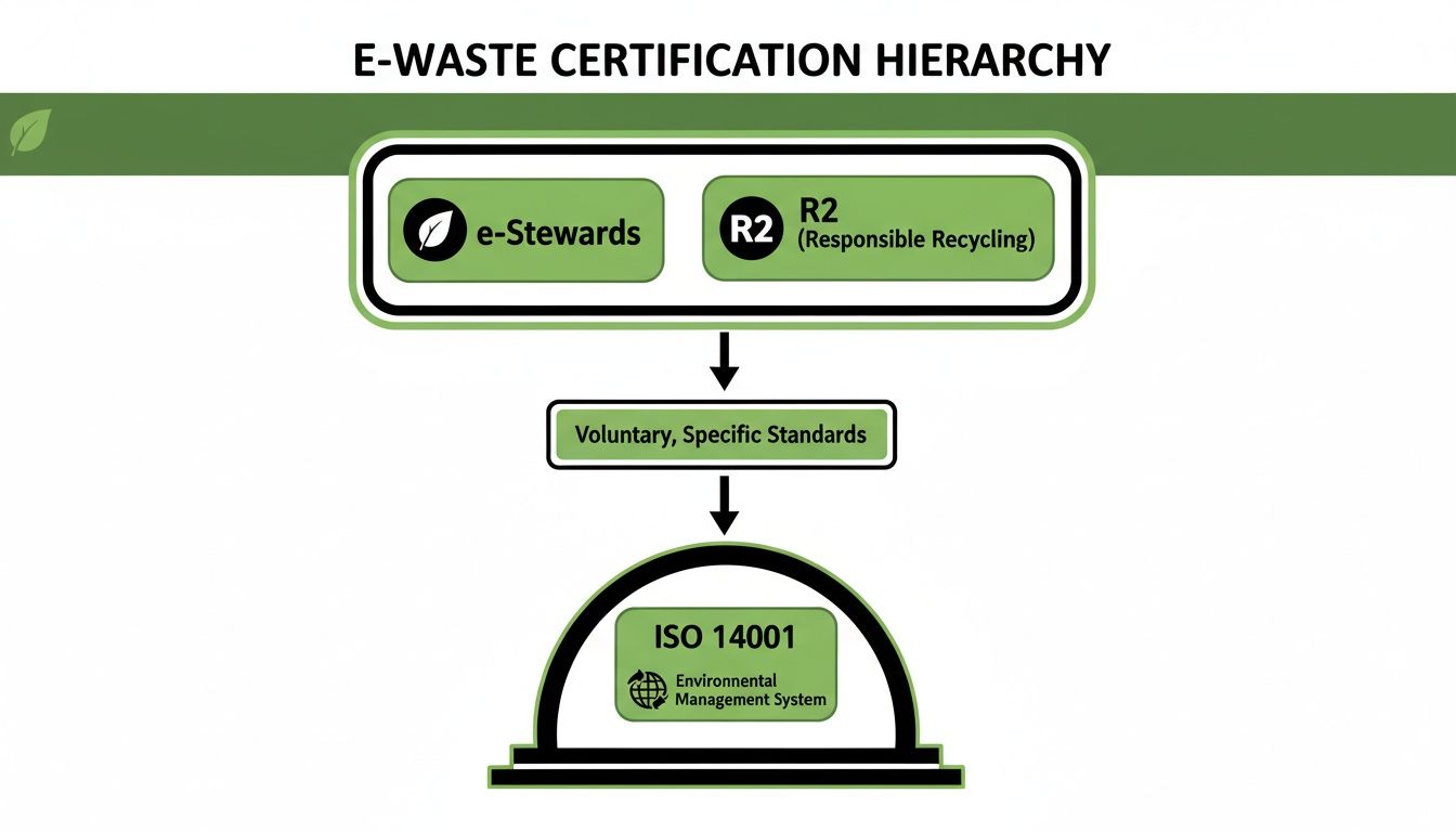 Diagram illustrating the E-waste certification hierarchy with standards like e-Stewards, R2, and ISO 14001.