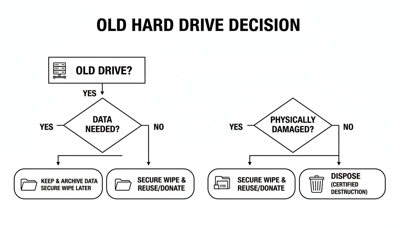 Flowchart detailing decisions for an old hard drive, including data wiping, reuse, and disposal options.