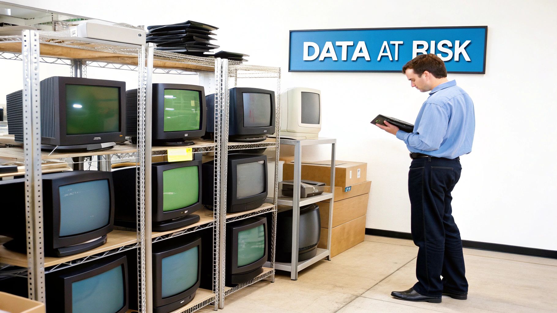 A man inspects shelves of old CRT televisions in an e-waste facility with a 'DATA AT RISK' sign.