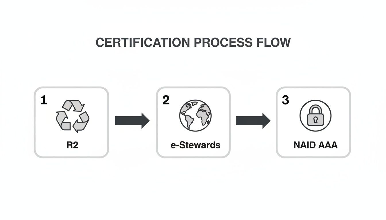 Flowchart showing a three-step certification process for e-waste recycling and data security standards.