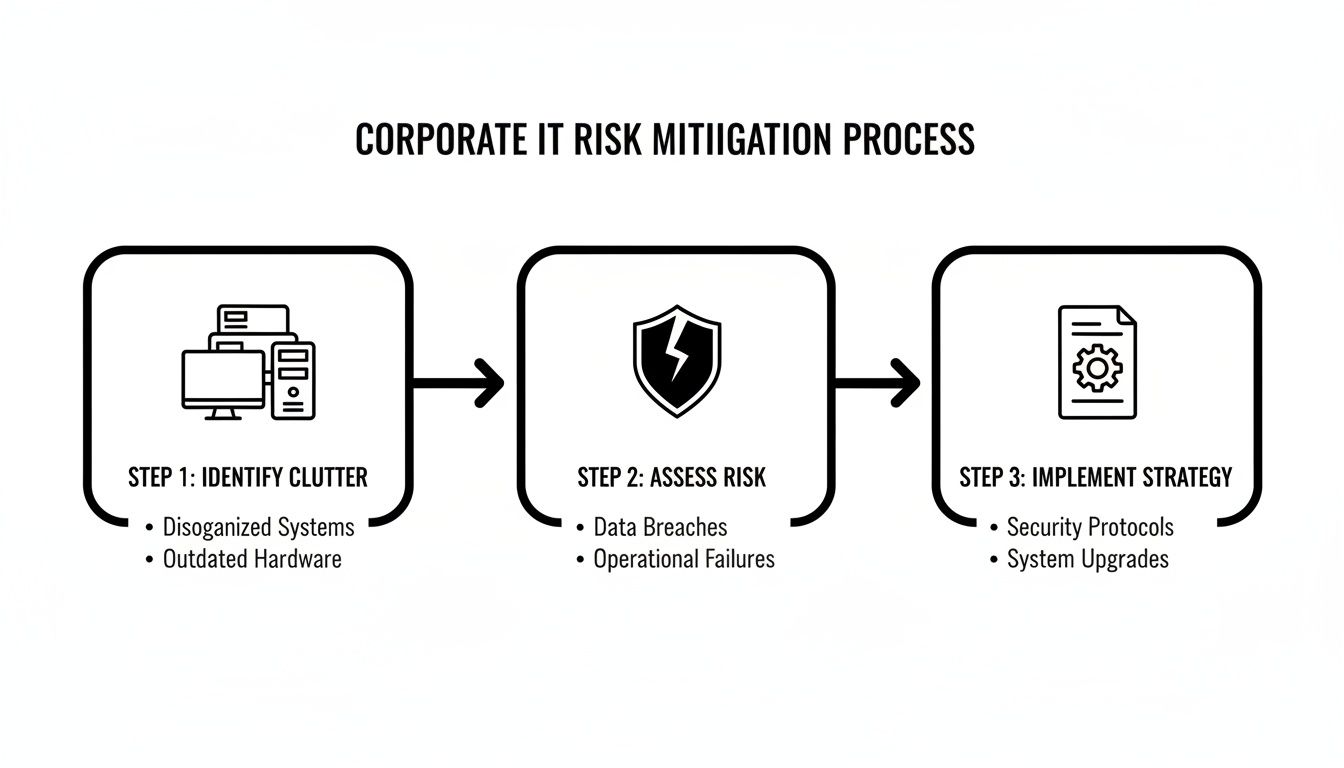 Infographic showing a three-step corporate IT risk mitigation process: identify, assess, and implement.
