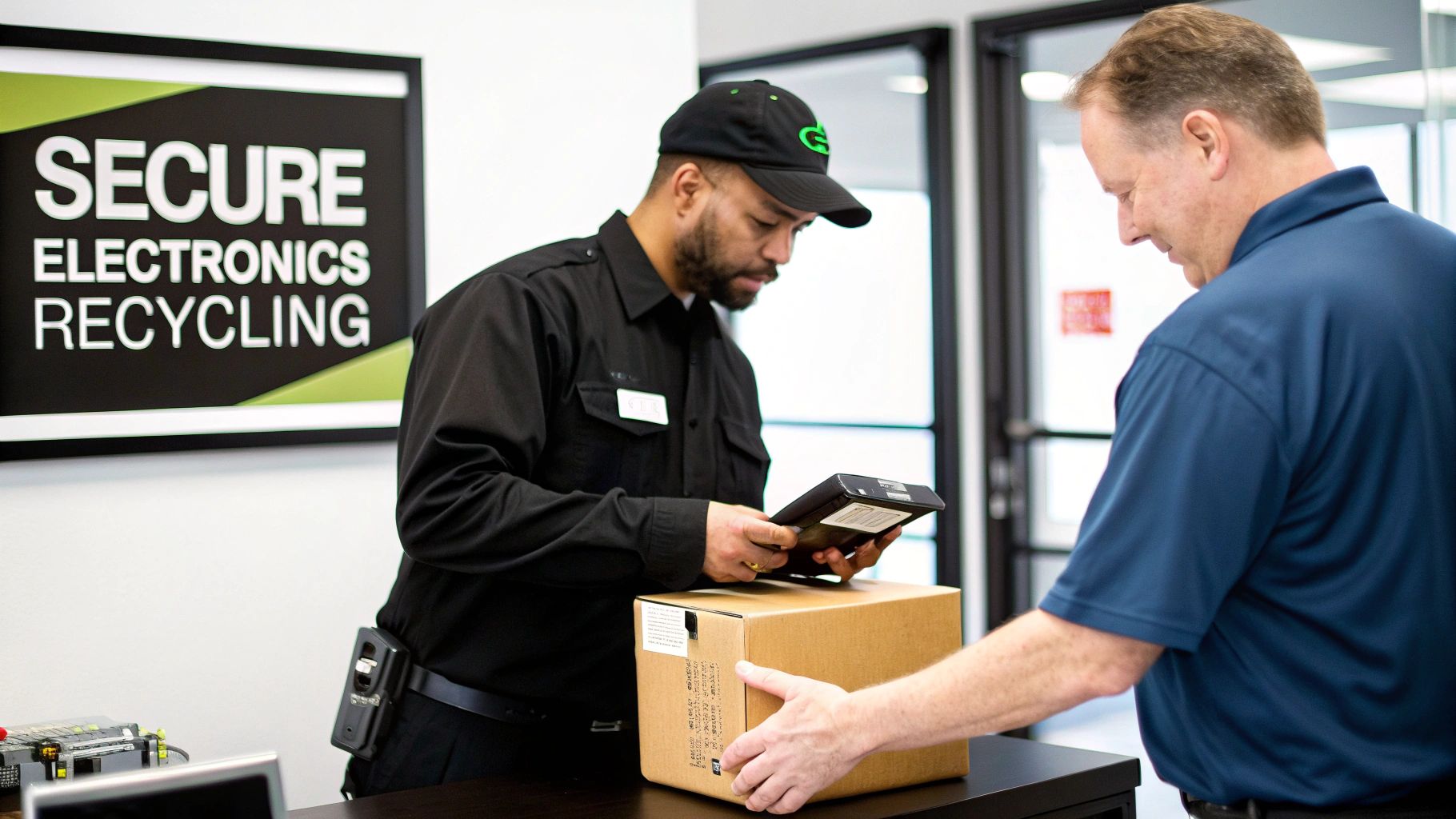 A technician scans an electronics recycling package from a customer at a secure facility.