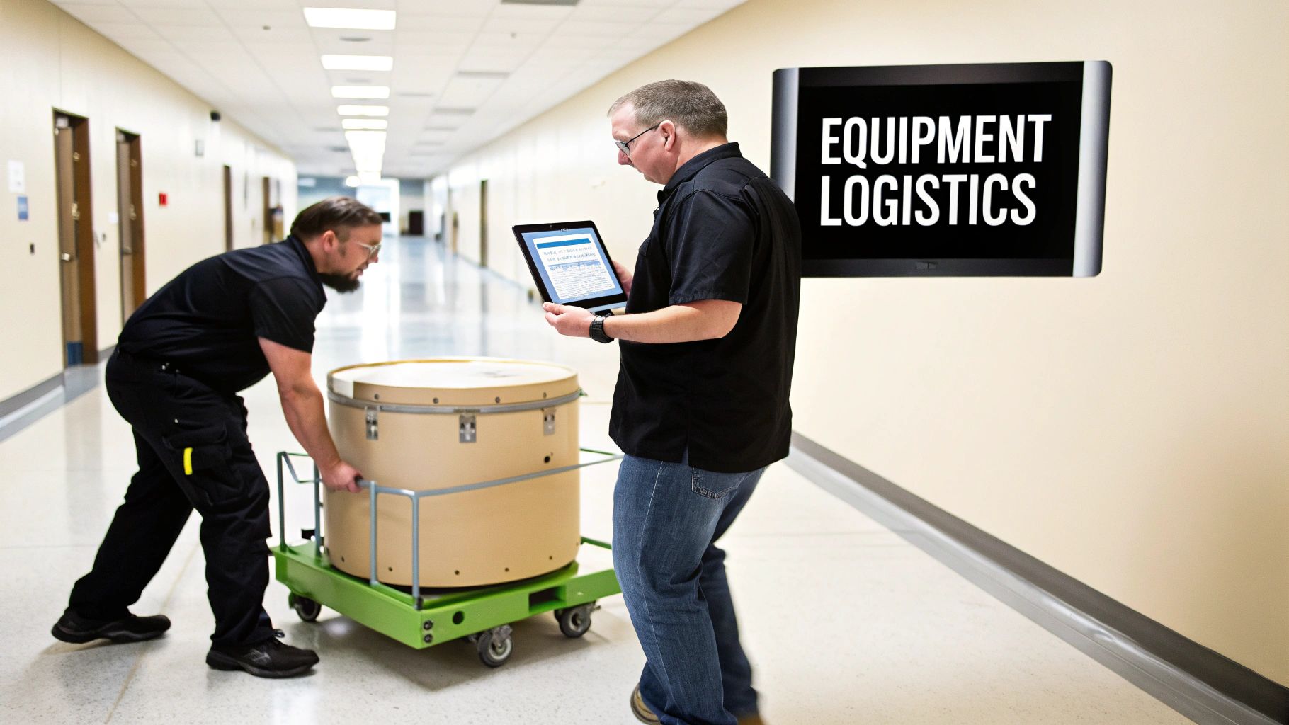 Two men handle equipment logistics in a hallway, one pushing a large item on a cart while another uses a tablet.