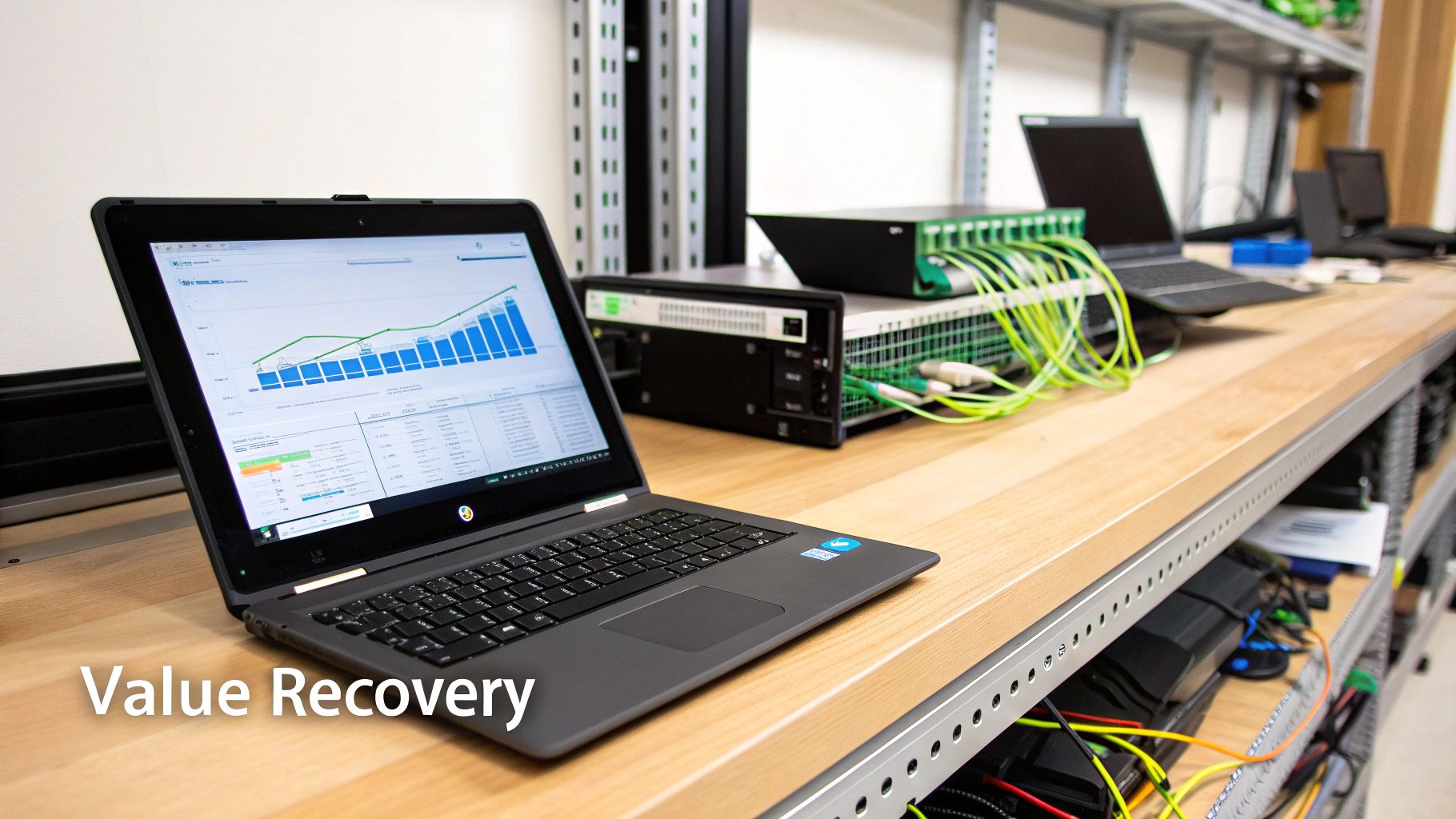 A laptop displaying data charts and graphs, alongside network equipment and bright green cables on a wooden desk.