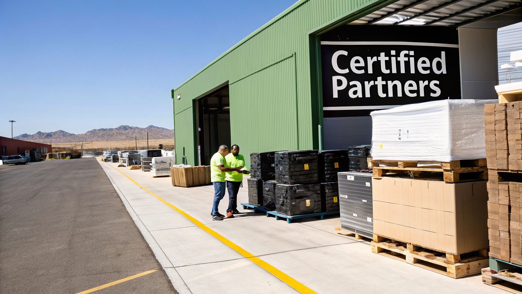 Two workers in bright green shirts discussing electronics outside a recycling facility with a "Certified Partners" sign, surrounded by pallets of e-waste and mountains in the background, emphasizing sustainable IT asset disposition.