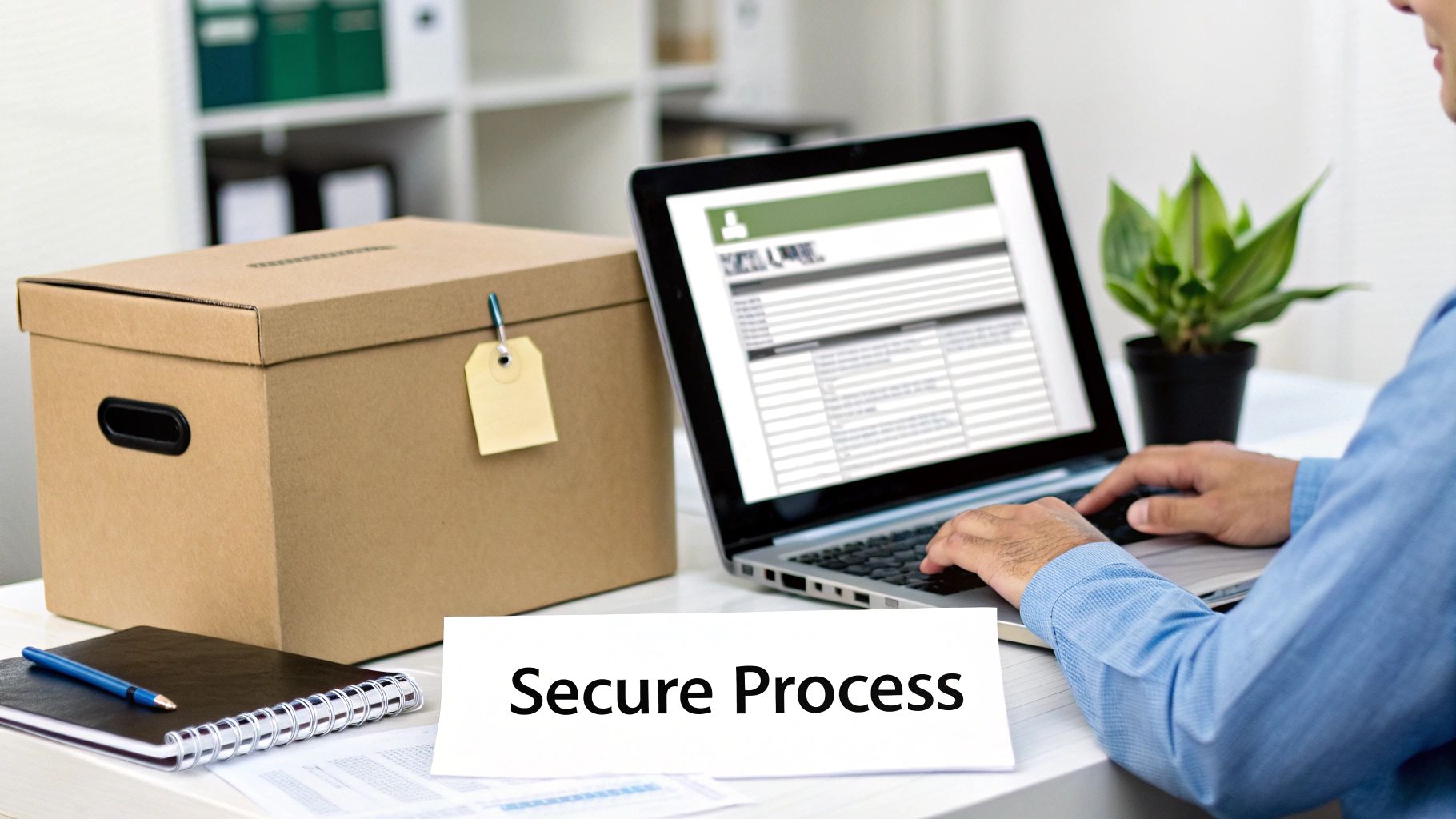 A person types on a laptop next to a storage box and a 'Secure Process' sign.