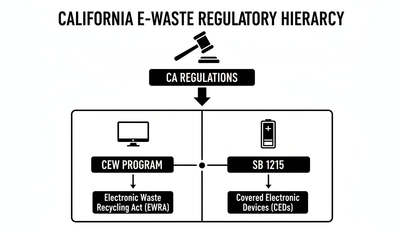 Diagram illustrating California's e-waste regulatory hierarchy, including CEW Program and SB 1215.