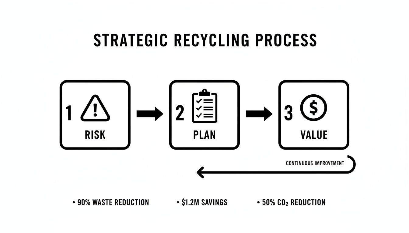 Infographic showing a strategic recycling process with steps for risk, plan, and value, highlighting key benefits.