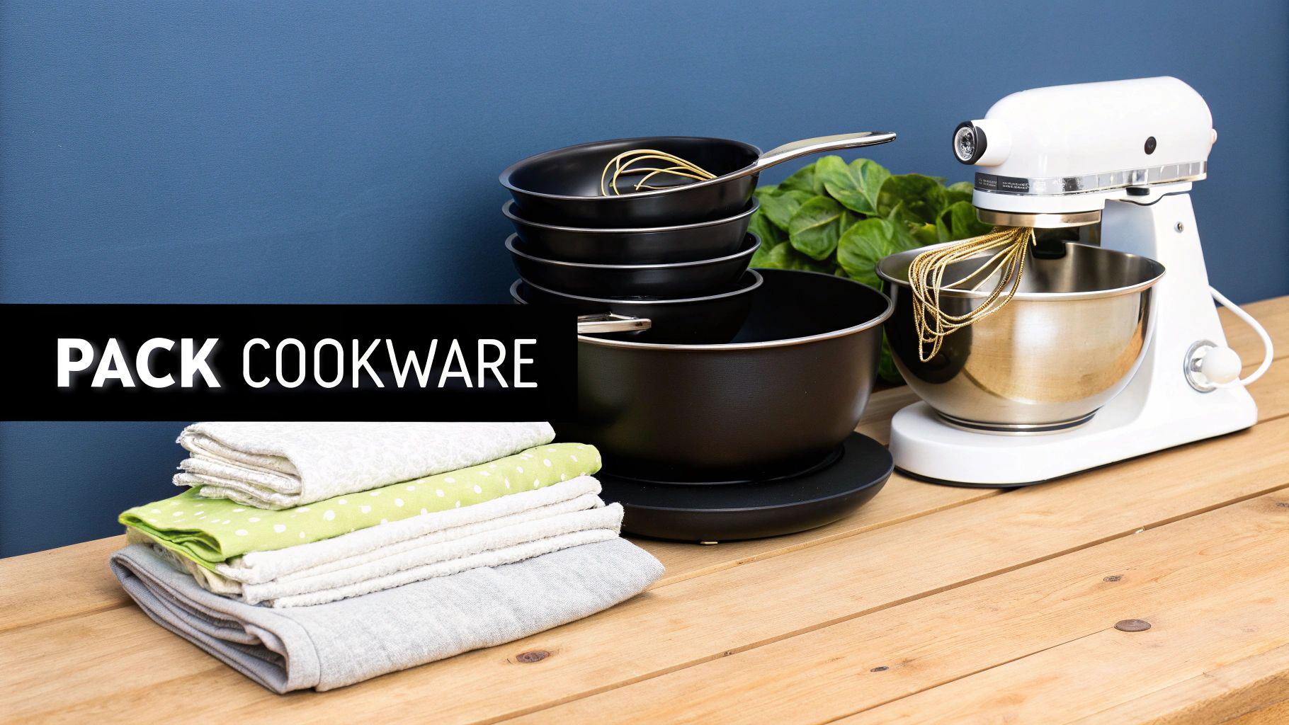 A collection of kitchen items, including stacked black cookware, a white stand mixer, and folded kitchen towels, ready for packing.