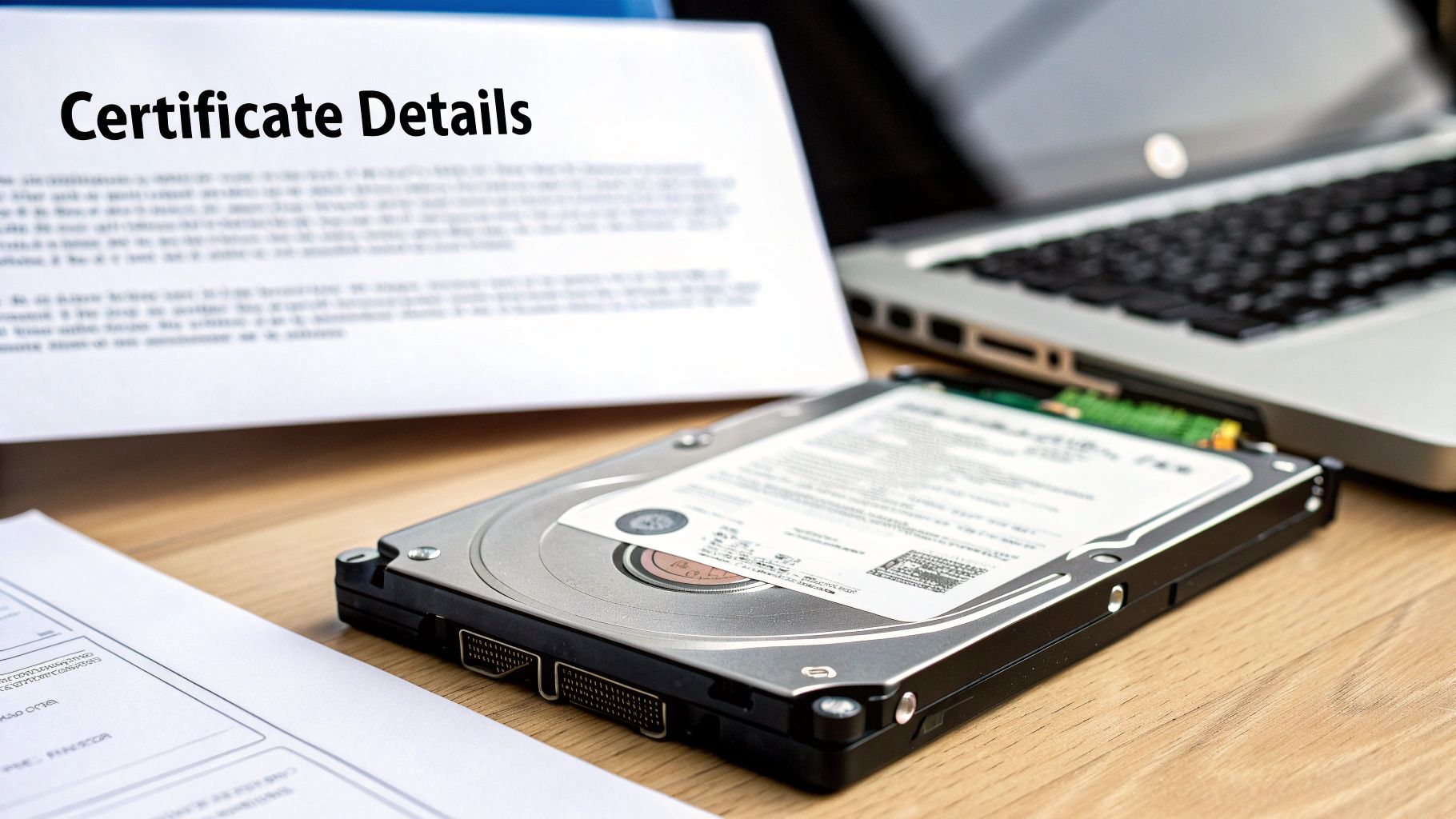 A hard drive on a wooden desk next to a document titled 'Certificate Details' and a laptop.