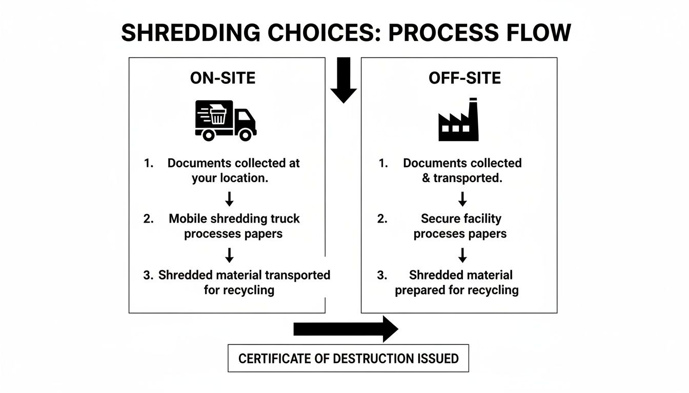 Flowchart illustrating on-site and off-site document shredding processes leading to a certificate of destruction.