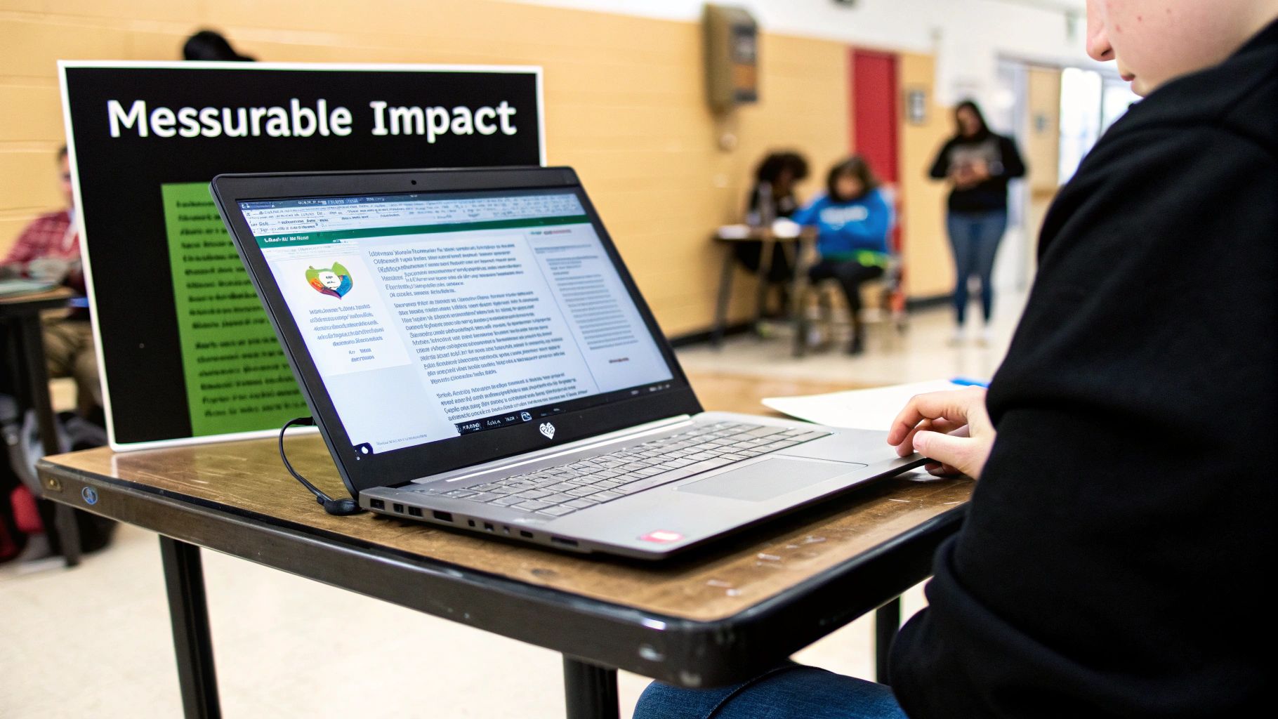 A student uses a laptop in a classroom setting, with a 'Measurable Impact' sign behind.