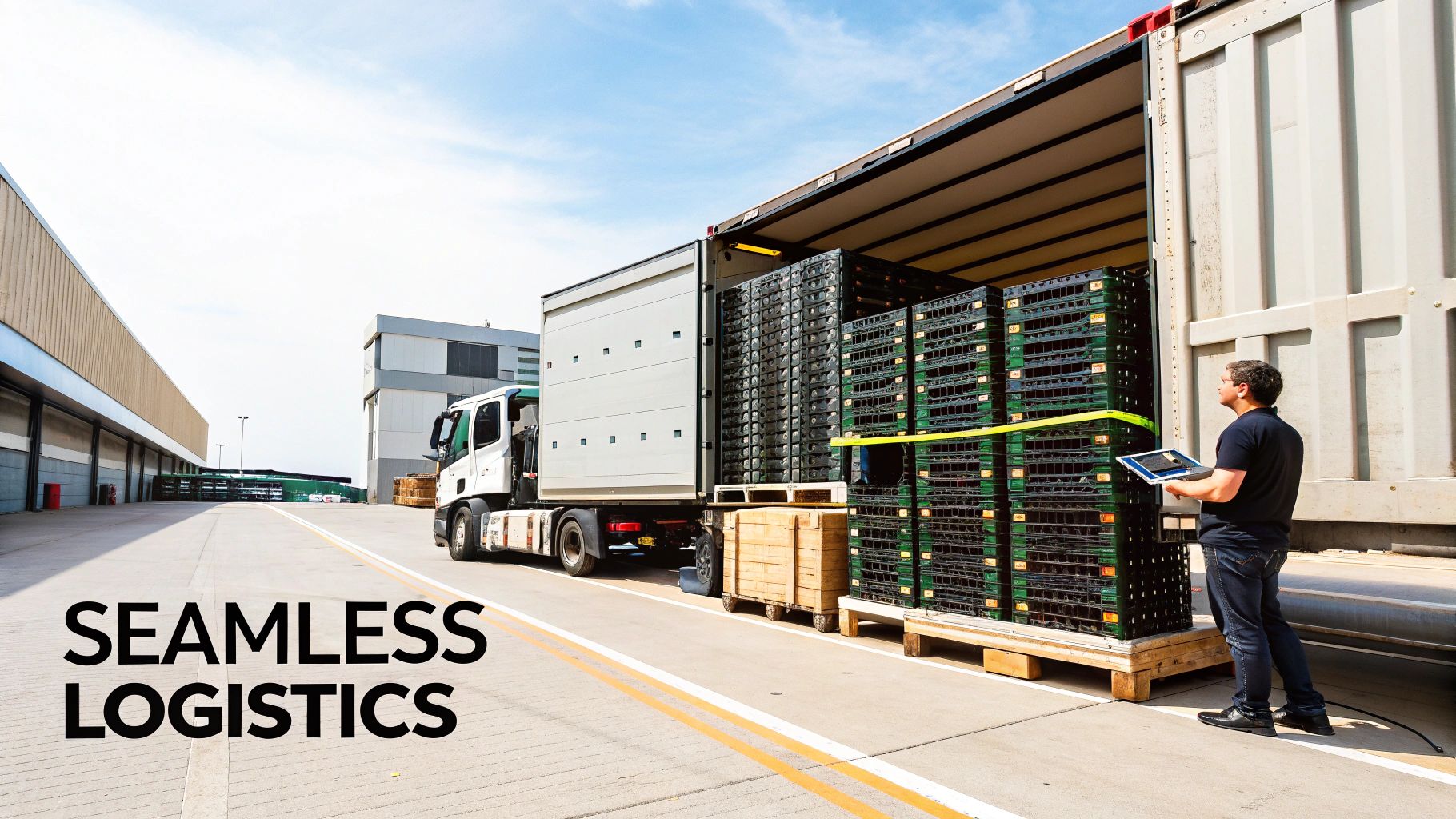 Secure Georgia Electronics Recycling for Businesses Logistics truck unloading stacked pallets for electronics recycling, showcasing seamless logistics management in a commercial setting.