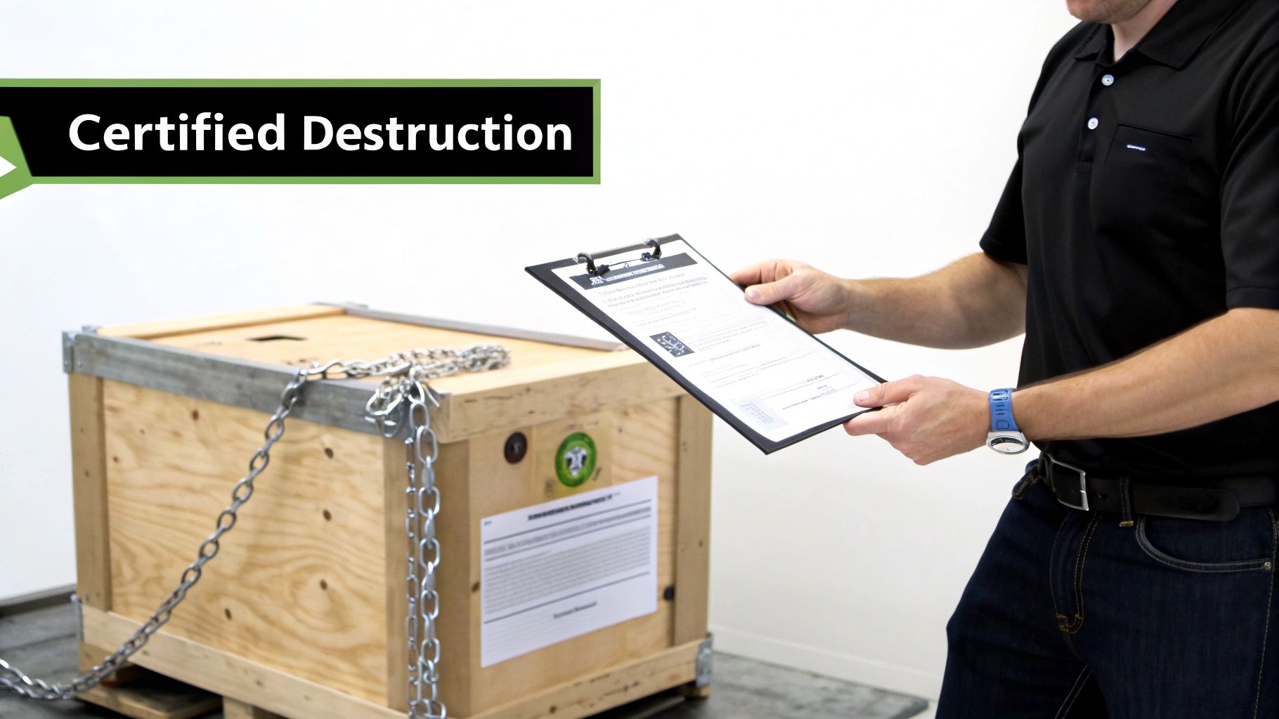 A technician wearing gloves handles a hard drive in a secure facility