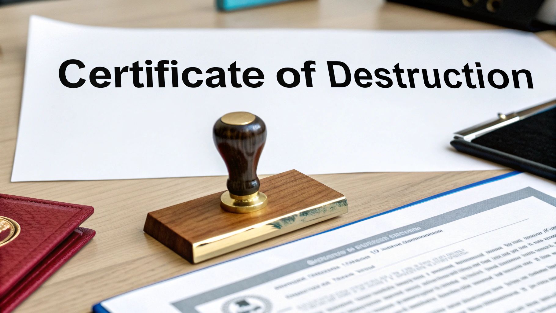 A document titled 'Certificate of Destruction' on a desk, next to a wooden stamp.