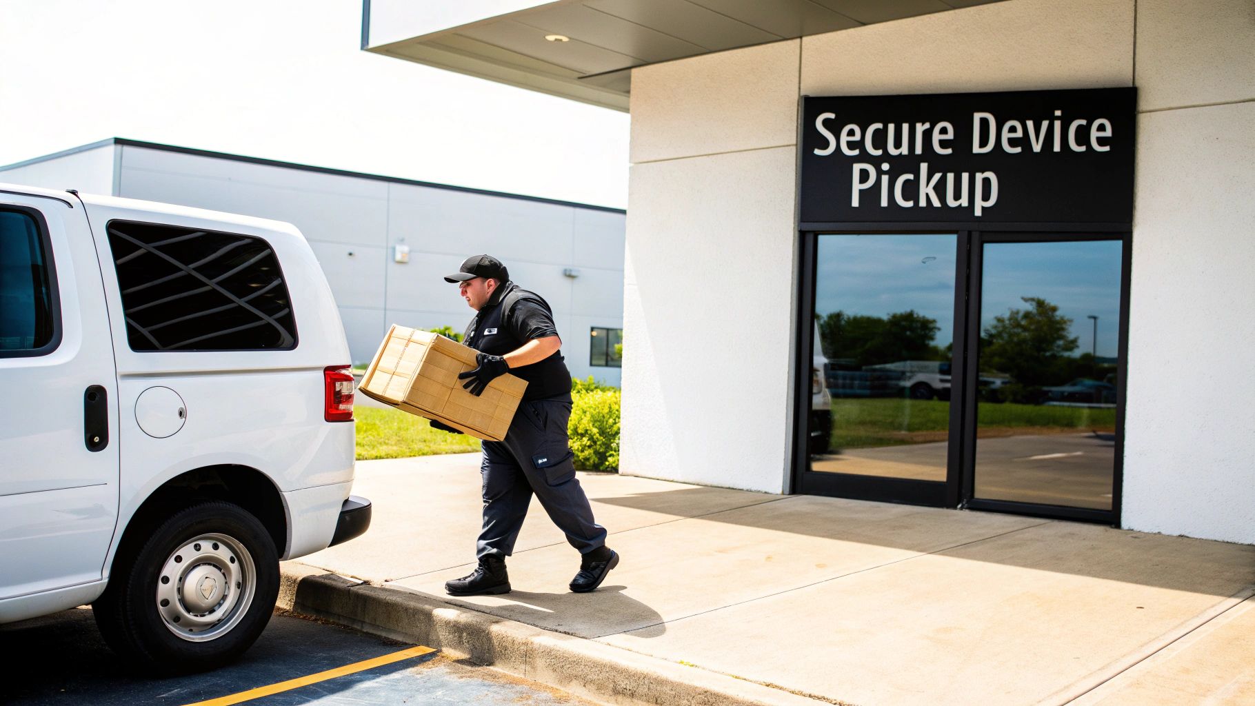 A delivery person carries a cardboard box from a white van towards a building with a "Secure Device Pickup" sign.