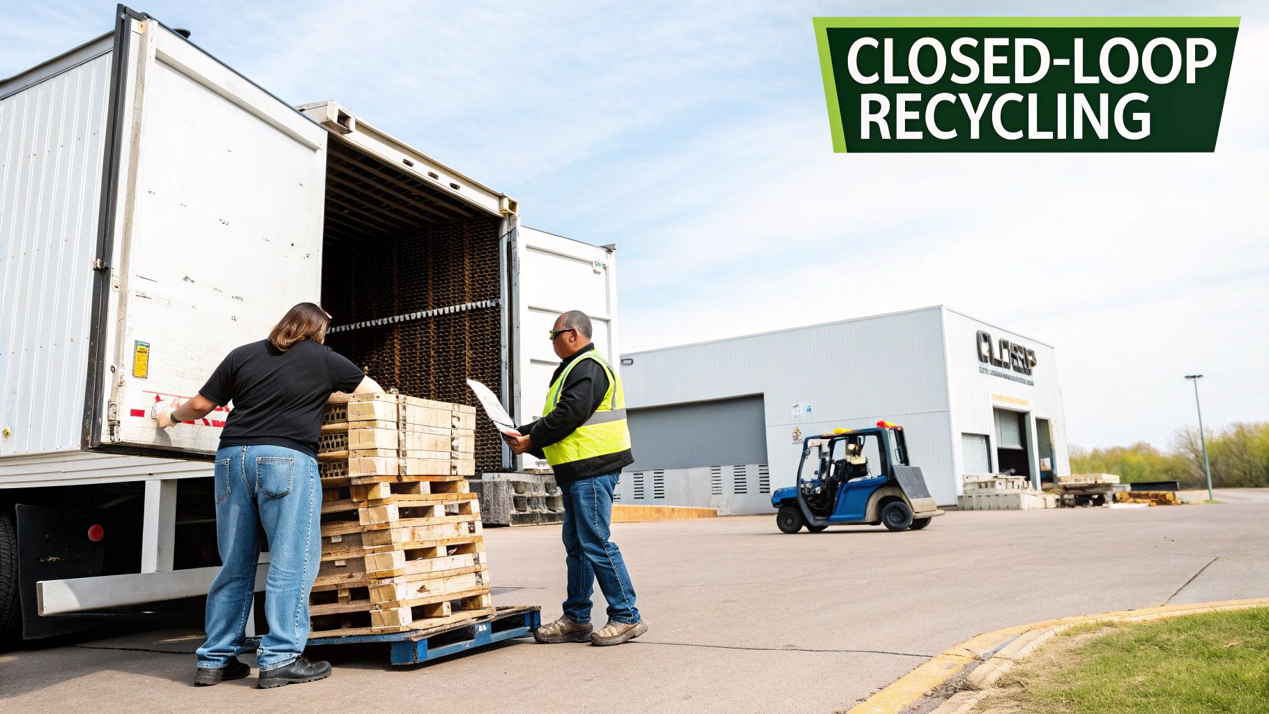 Two workers handle stacks of wooden pallets near a semi-trailer truck for closed-loop recycling.