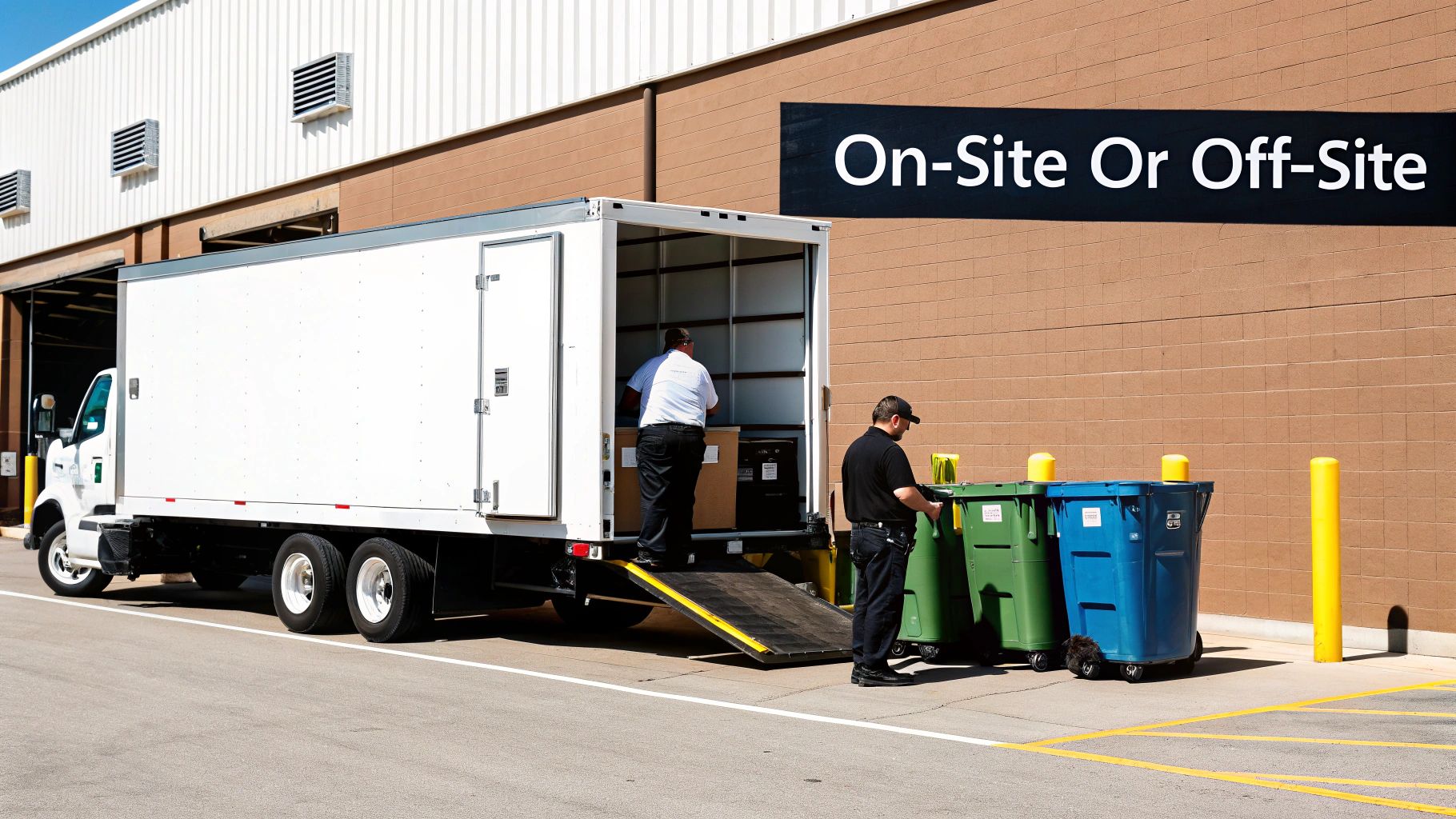 Two men managing secure data destruction services at a loading dock with a truck and bins.