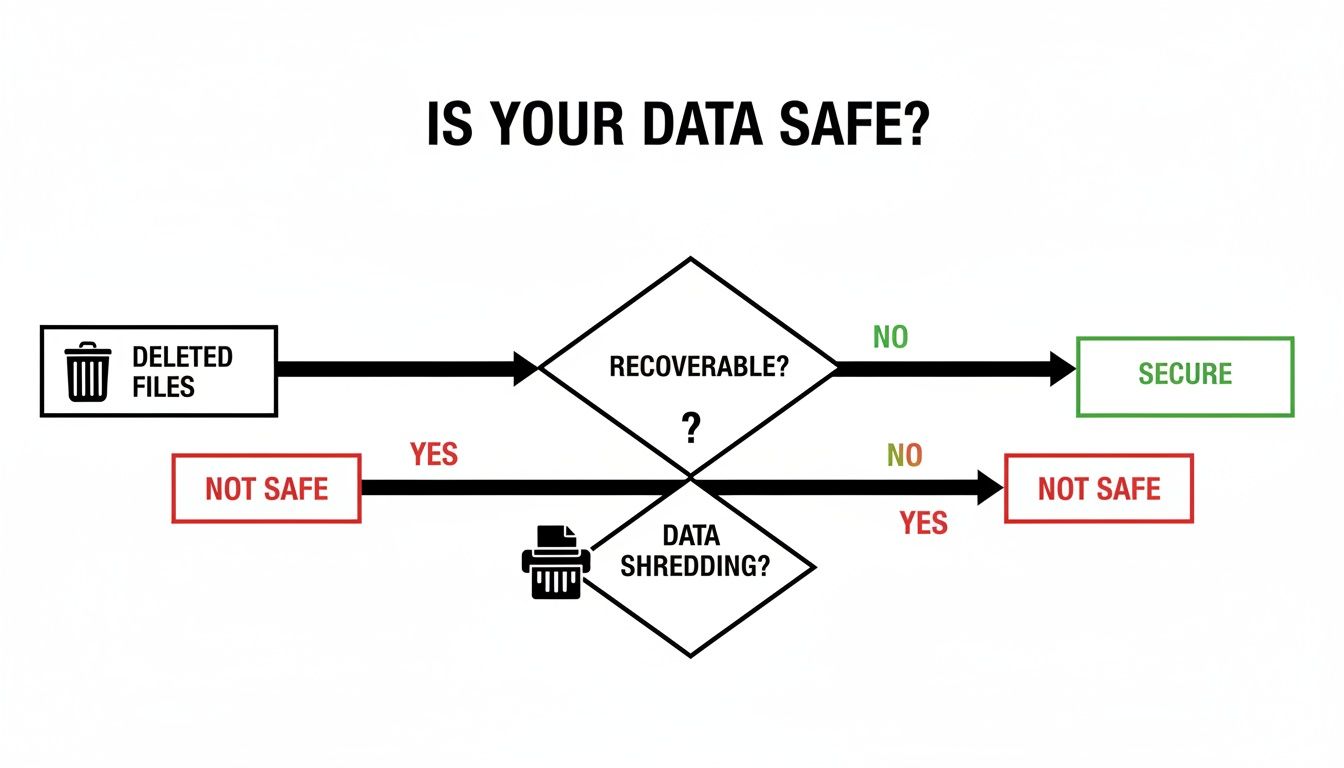 A flowchart illustrates data safety: deleted files are secure only if not recoverable; otherwise, they are not safe.