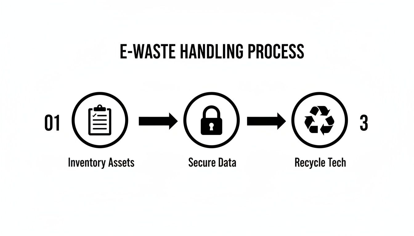 An infographic detailing the 3-step E-waste Handling Process: Inventory Assets, Secure Data, and Recycle Tech.