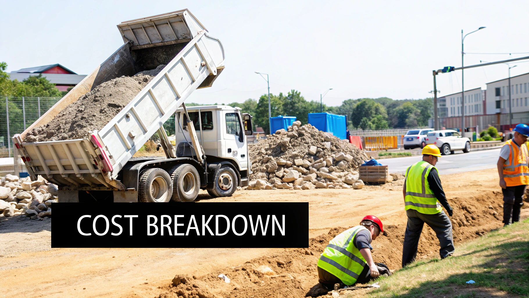 A construction site with a large pile of wood and other debris ready for removal.