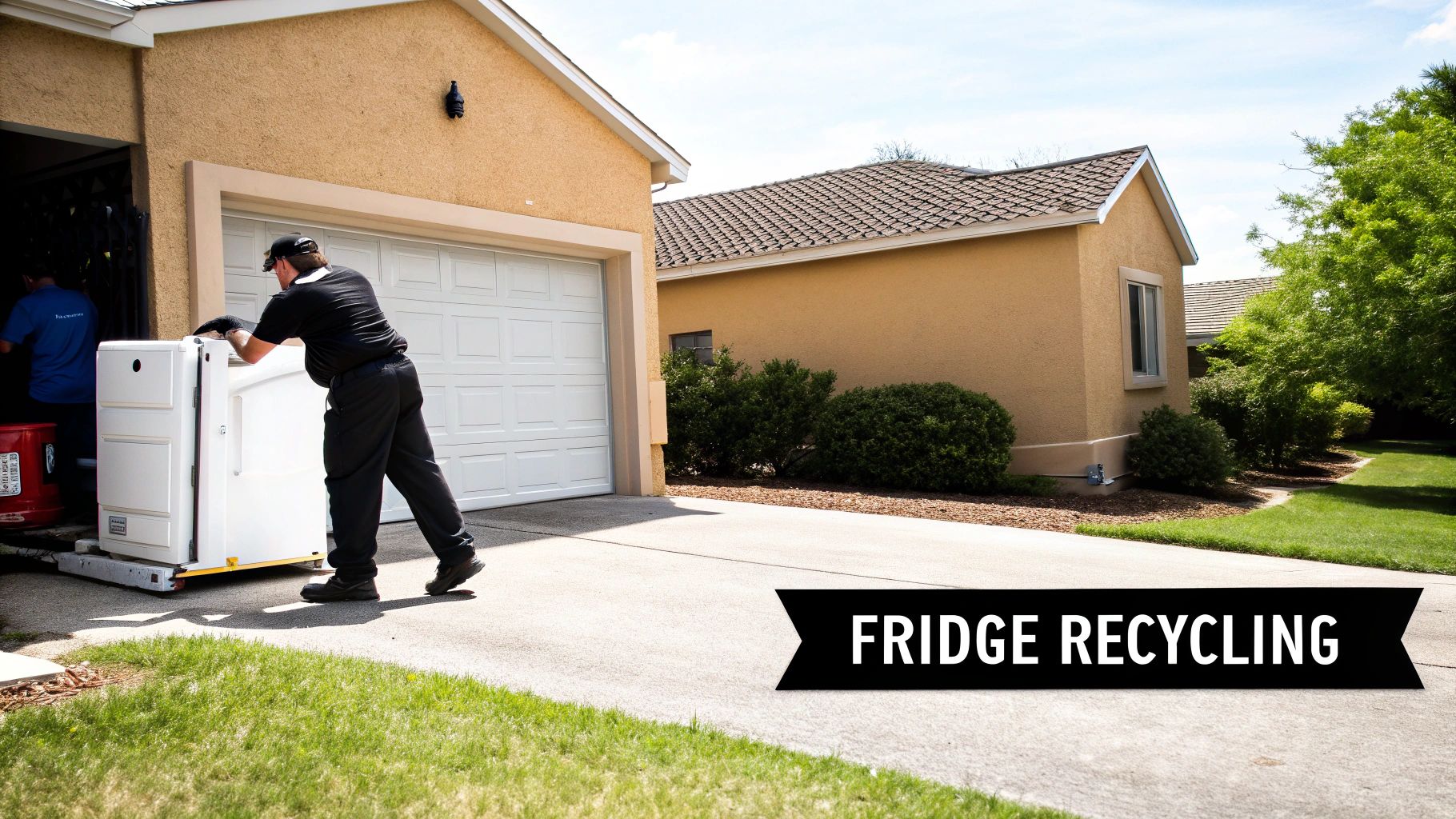 A delivery person moves a white refrigerator on a dolly out of a house garage for recycling.