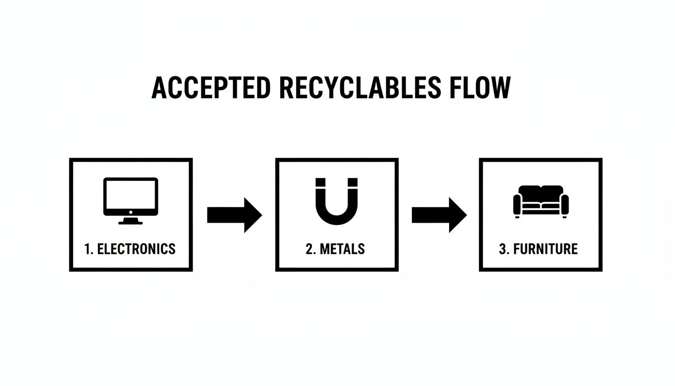 Flow diagram showing accepted recyclables, including electronics, metals, and furniture.