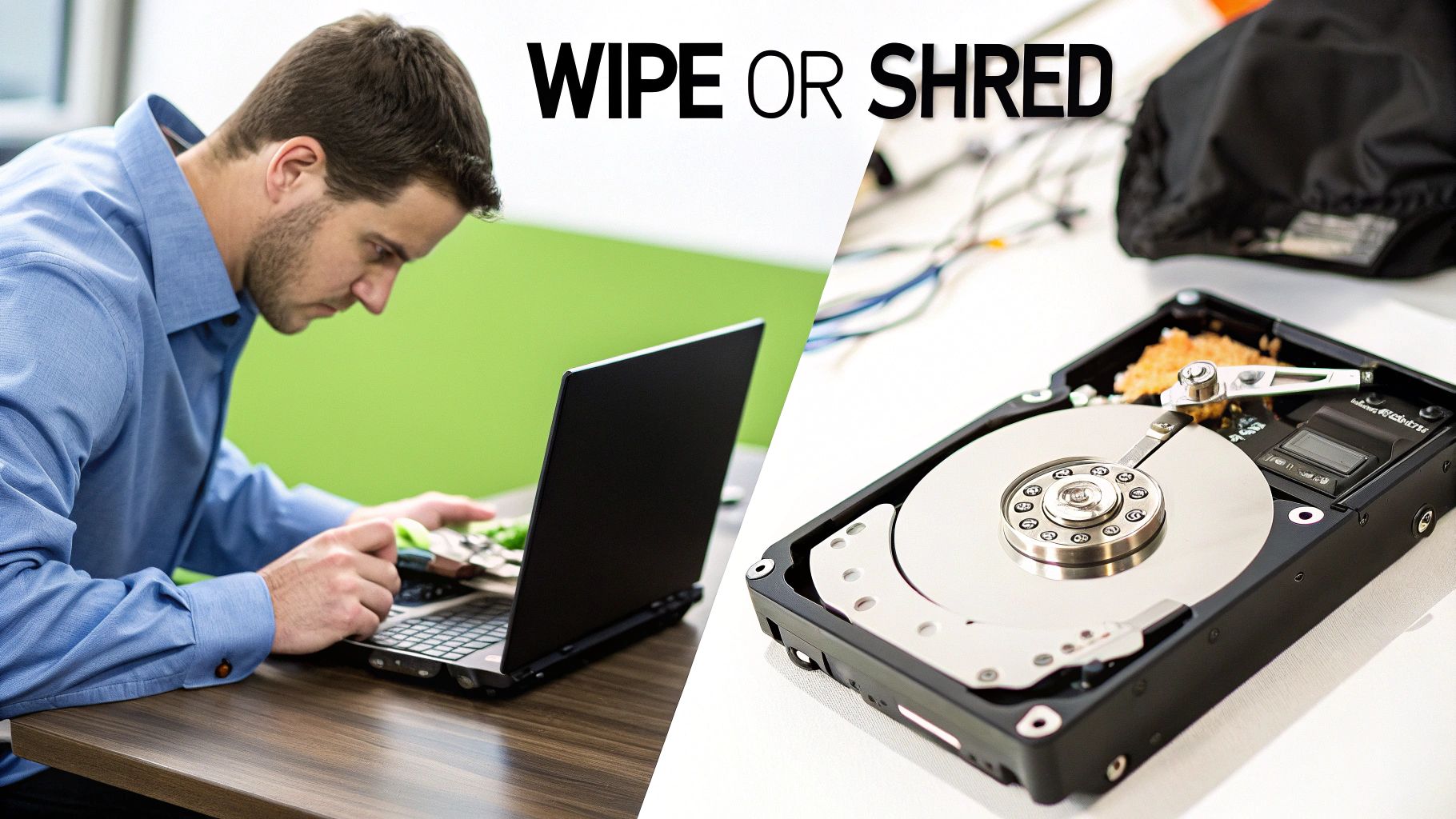 A man on a laptop and a dismantled hard drive illustrate the choice to wipe or shred data.