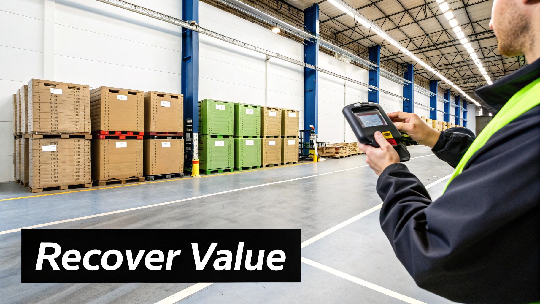 A person in a high-vis vest uses a handheld scanner in a warehouse with stacked boxes.