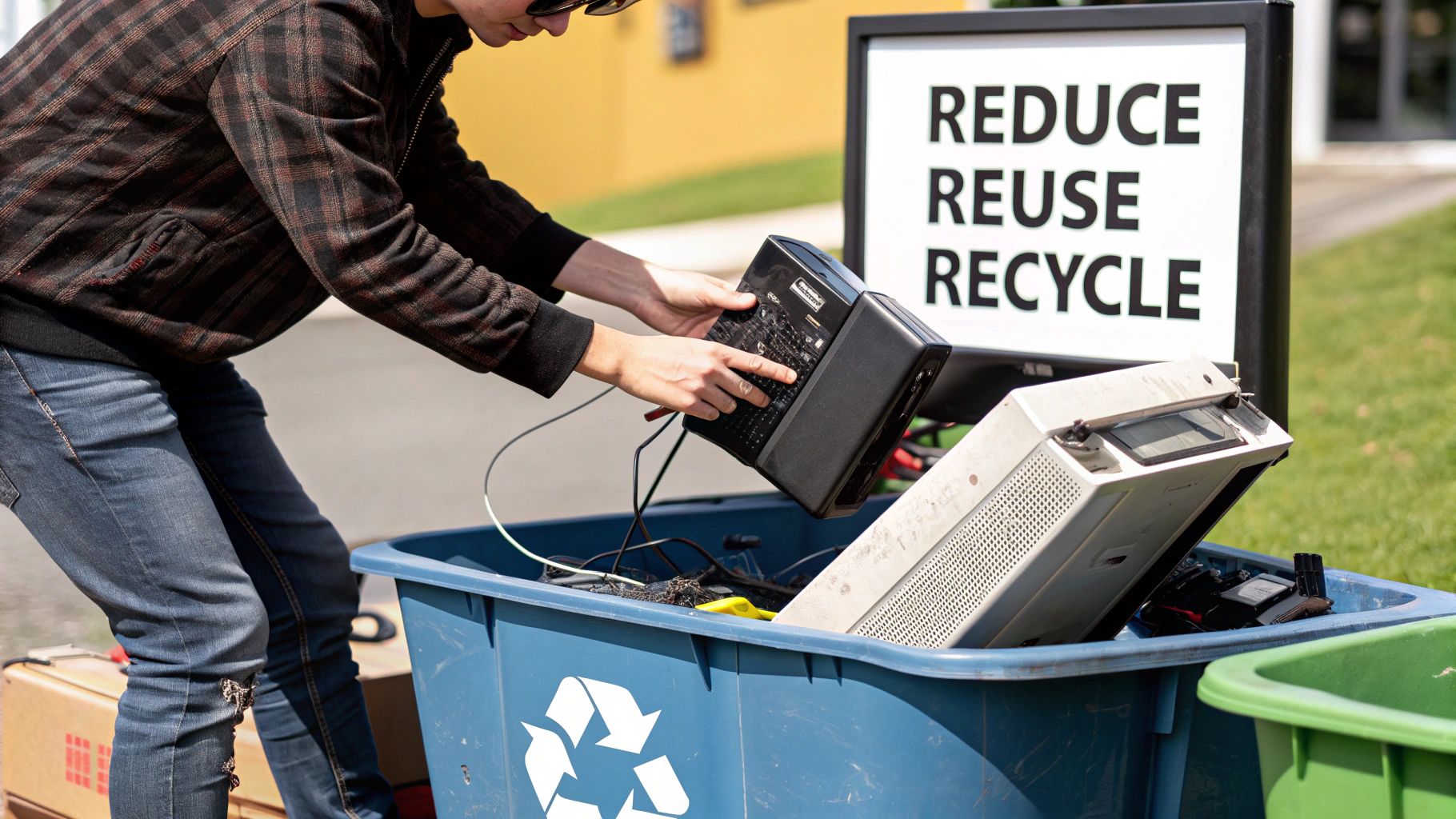 A person plants a small green sprout in a pile of dismantled electronic components, symbolizing renewal.