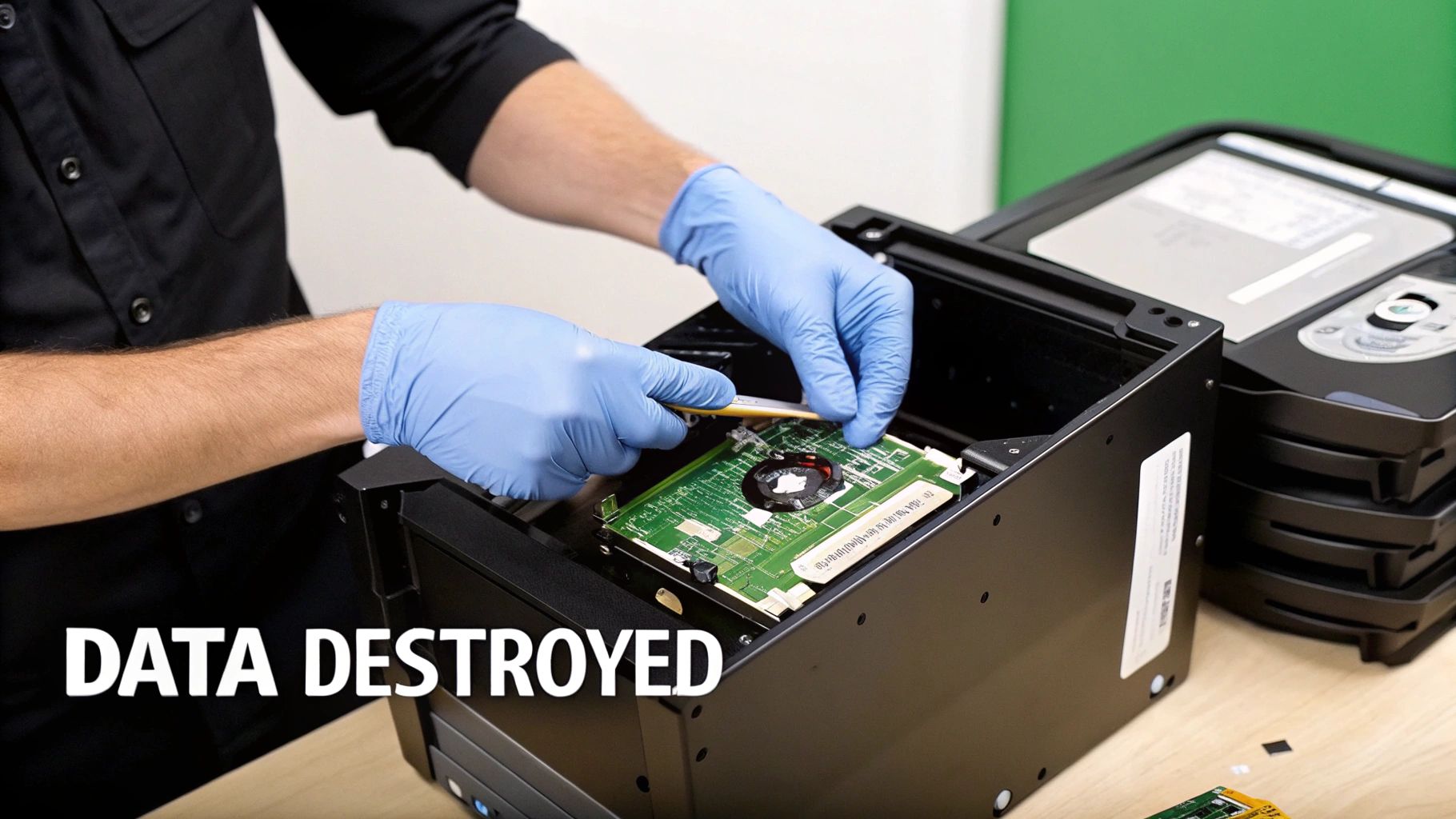 A person in blue gloves disassembling a hard drive inside a data destruction machine, with "DATA DESTROYED" overlay.