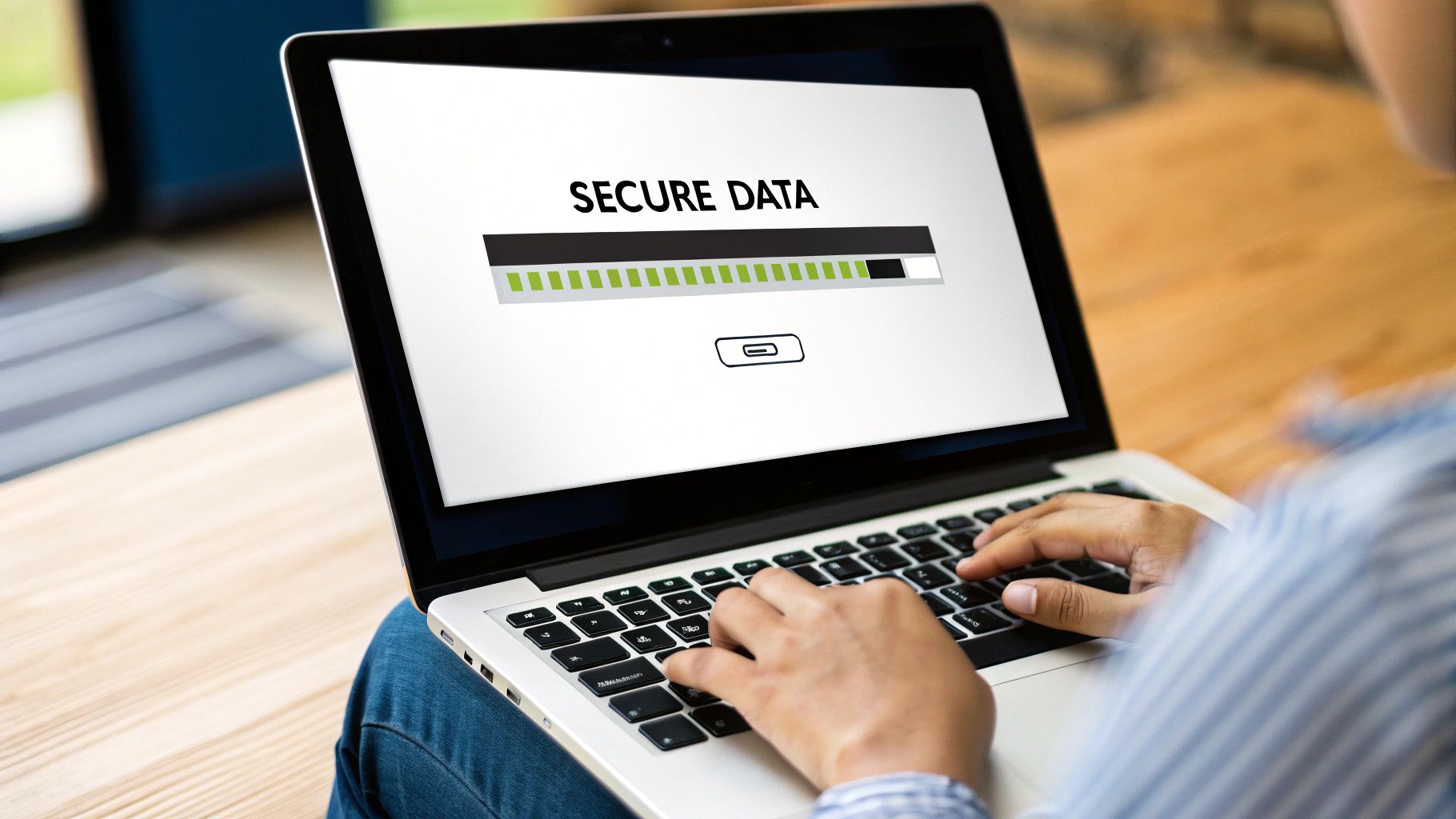 A close-up shot of a hard drive being professionally wiped, with a digital overlay showing binary code being erased.