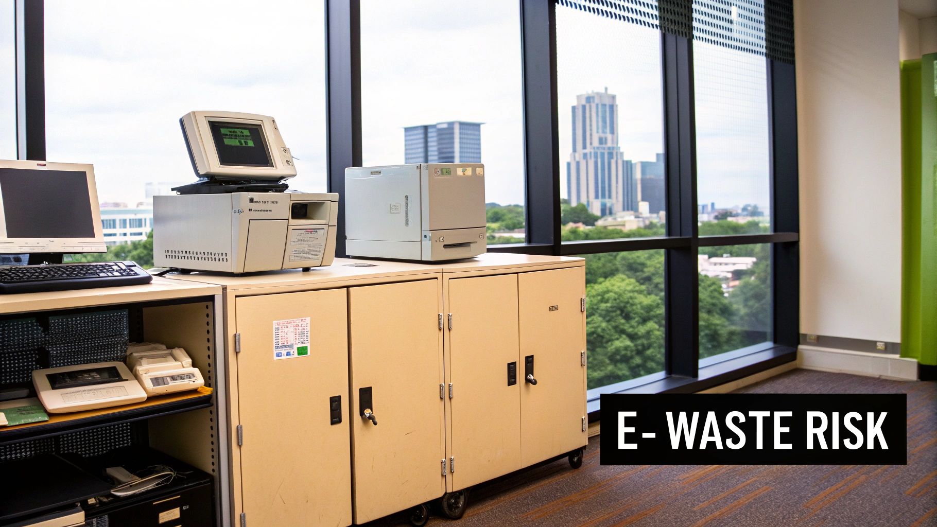 Outdated computer equipment and scanners in an office with a city view, emphasizing e-waste risk.