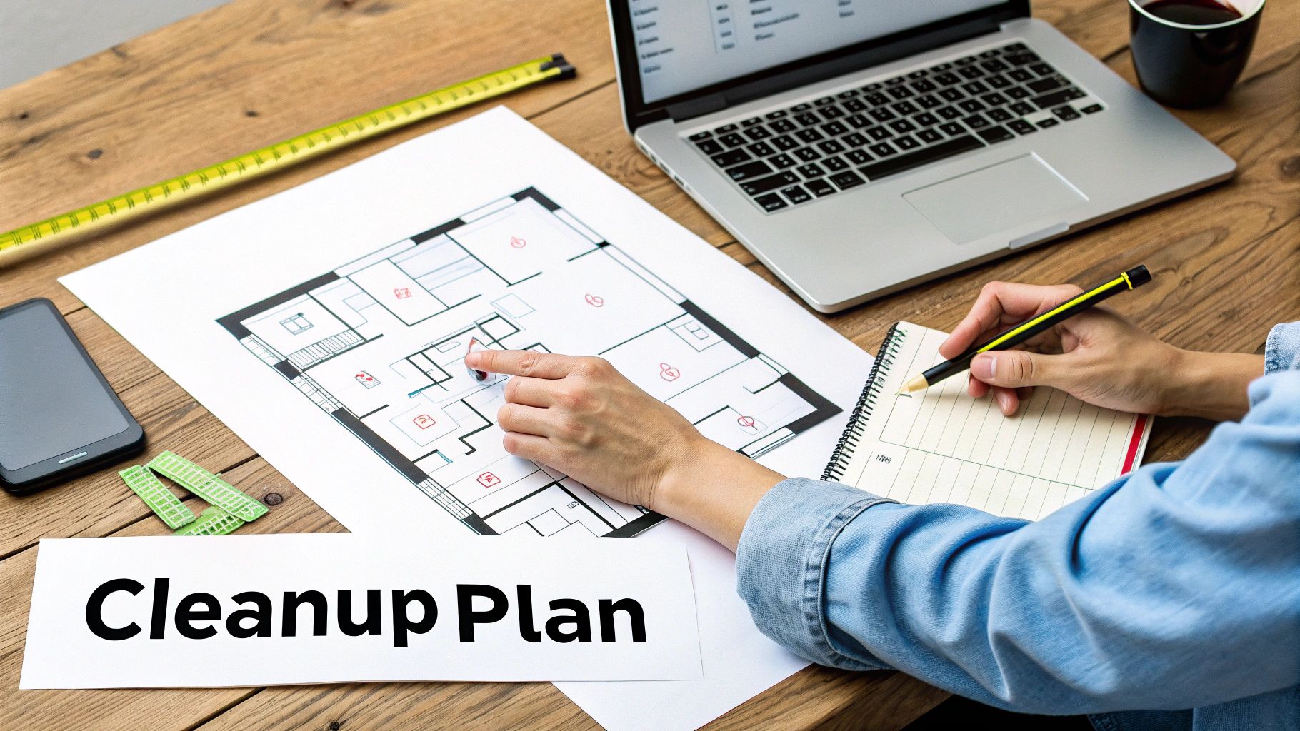 Person planning a cleanup, pointing at a floor plan with a laptop, notebook, and tools on a wooden desk.