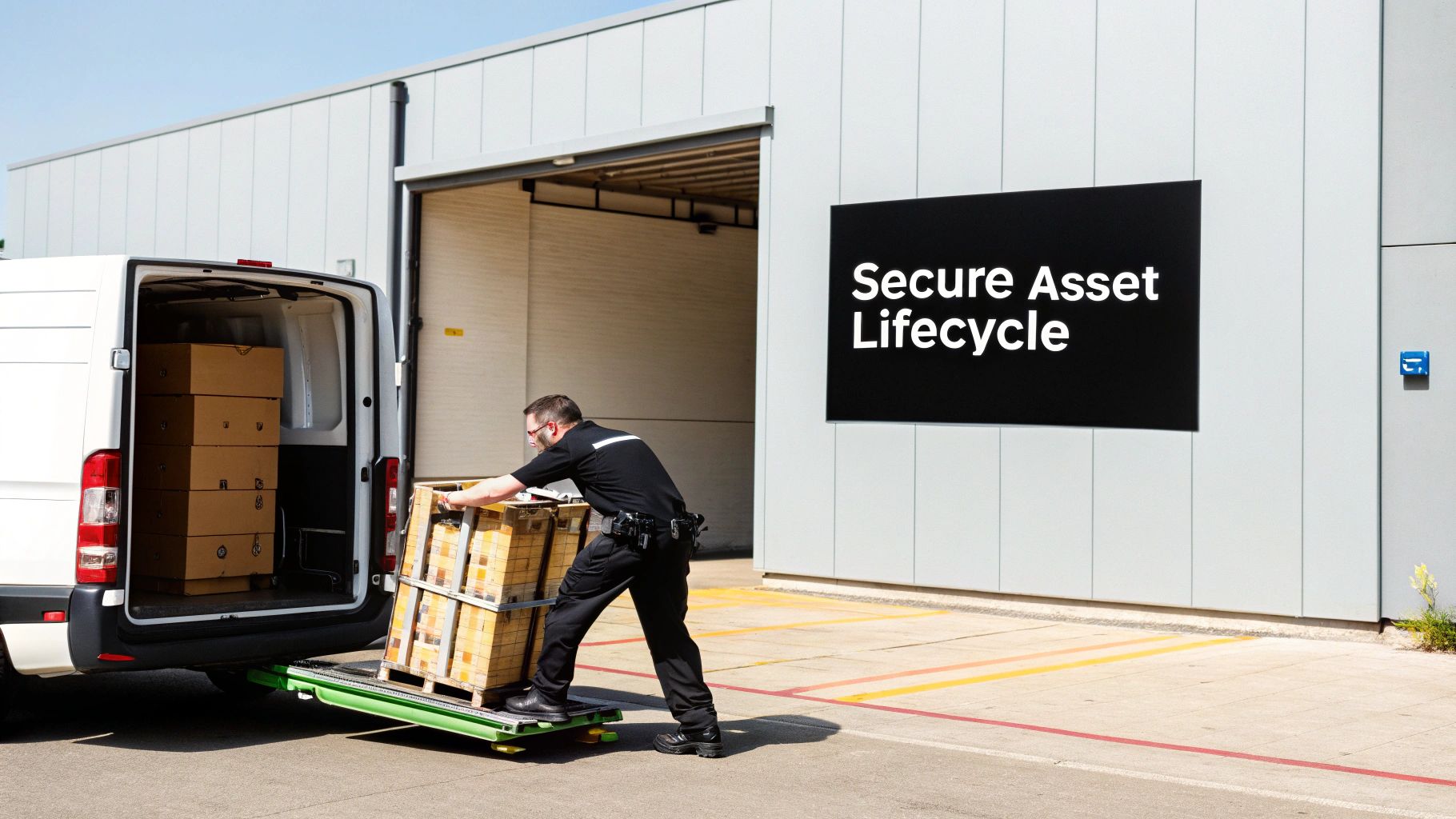 A logistics worker uses a liftgate to load a pallet of boxes into a white delivery van.