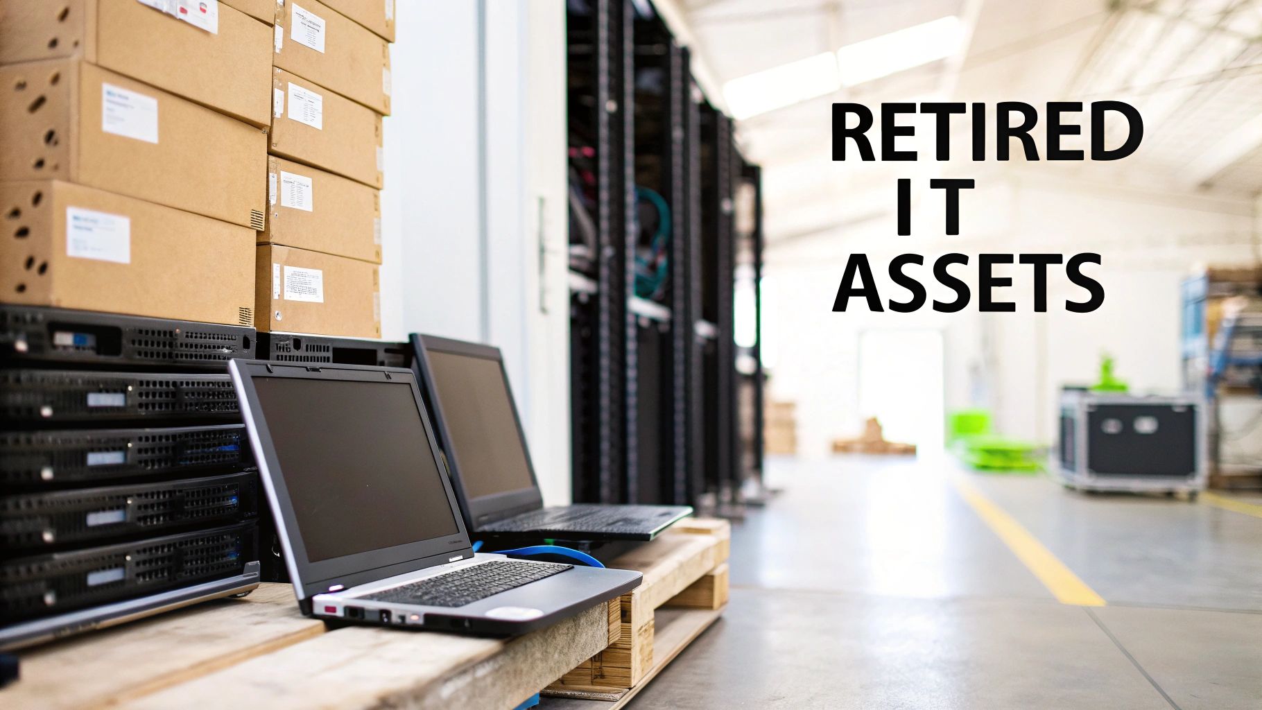 Retired IT assets in a warehouse, including laptops, servers, and stacked boxes, ready for disposal or recycling.
