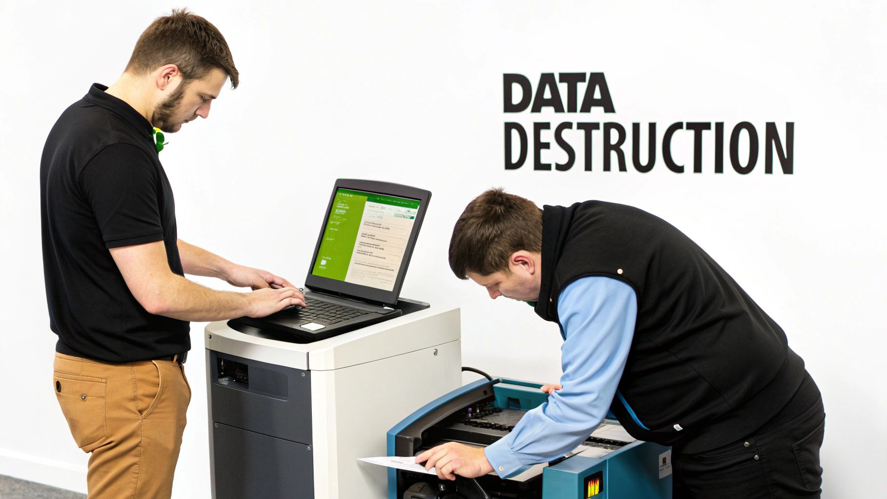 Two technicians performing data destruction, one using a laptop while the other operates a secure shredding machine.