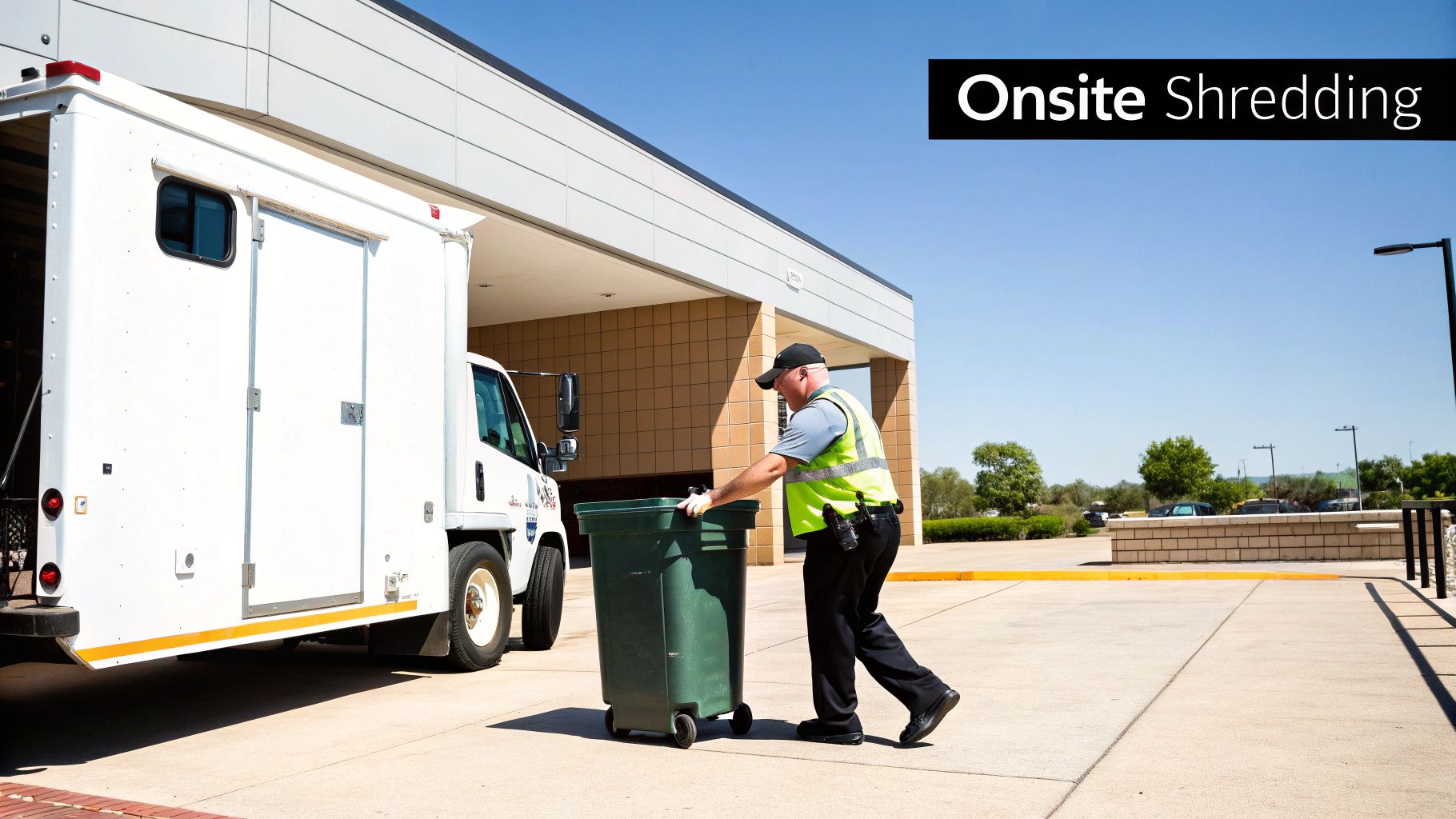 A uniformed worker pushes a green shredding bin towards a white onsite shredding truck.