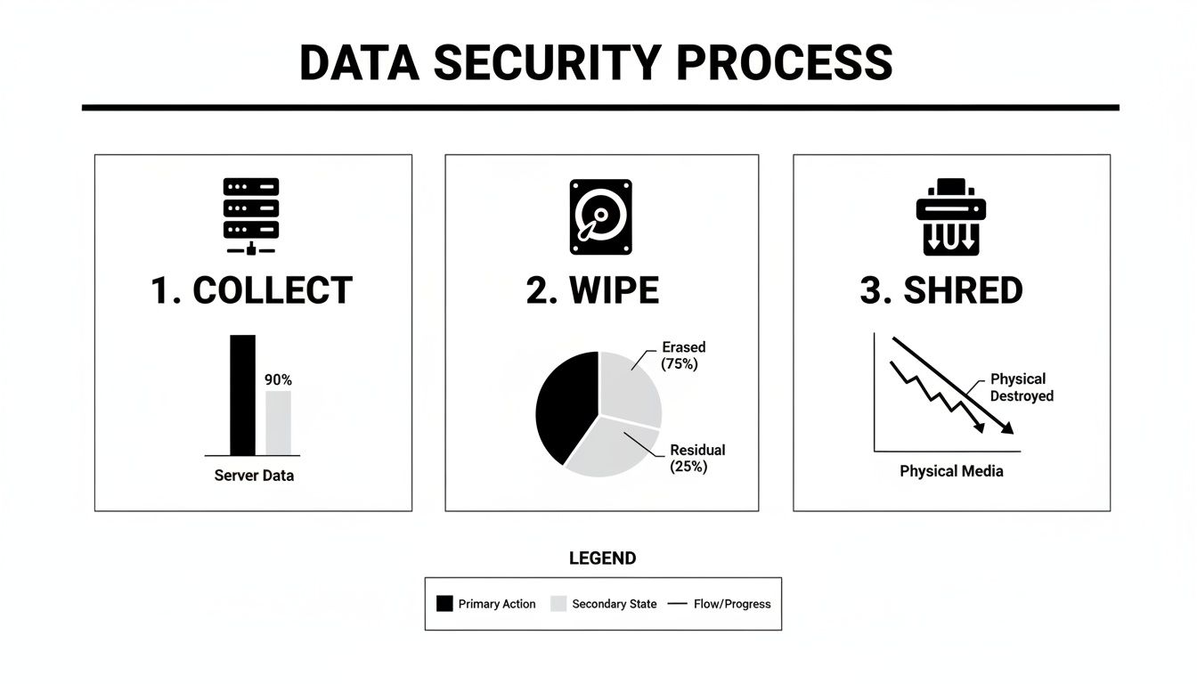 Infographic illustrating a three-step data security process: collect, wipe, and shred for secure data disposal.