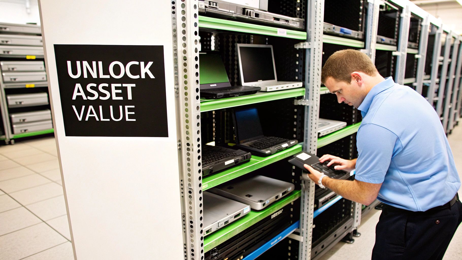 Man inspecting electronic devices on shelves in an equipment recycling facility, with a sign reading "UNLOCK ASSET VALUE" visible.