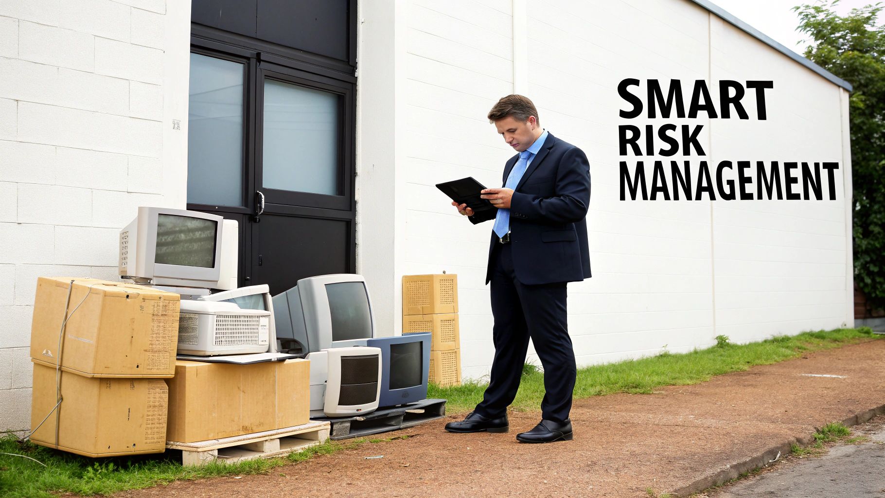 A businessman examines a pile of discarded old computer monitors and boxes, embodying smart risk management.