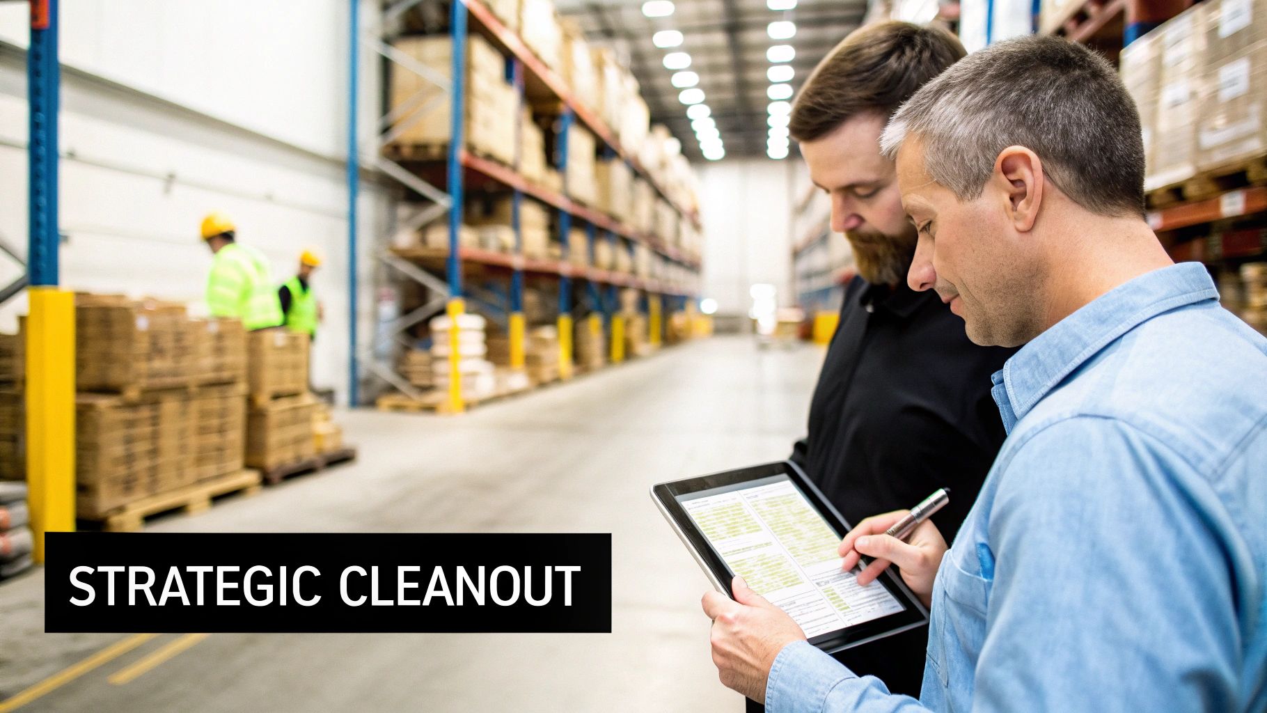 Two logistics managers in a warehouse reviewing inventory on a tablet for a strategic cleanout.