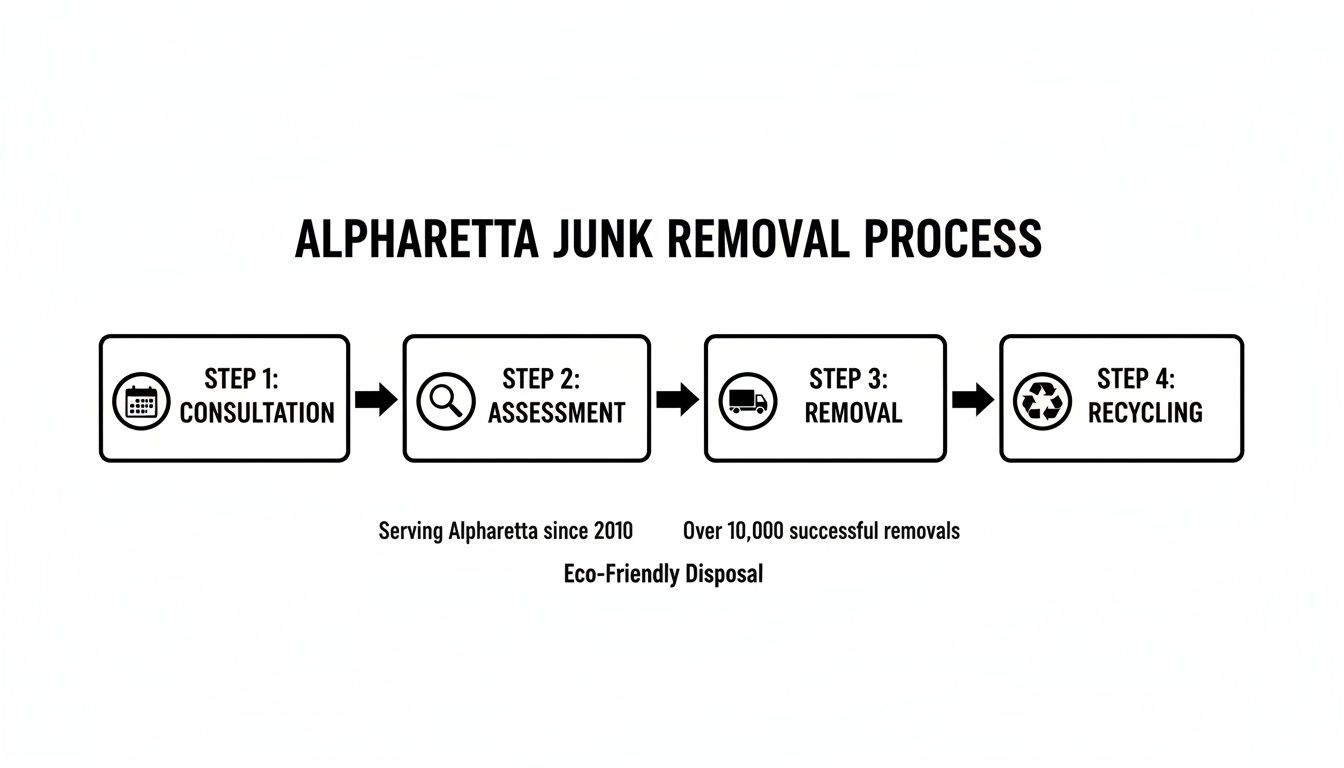 A flow chart outlining the Alpharetta junk removal process: consultation, assessment, removal, and recycling.