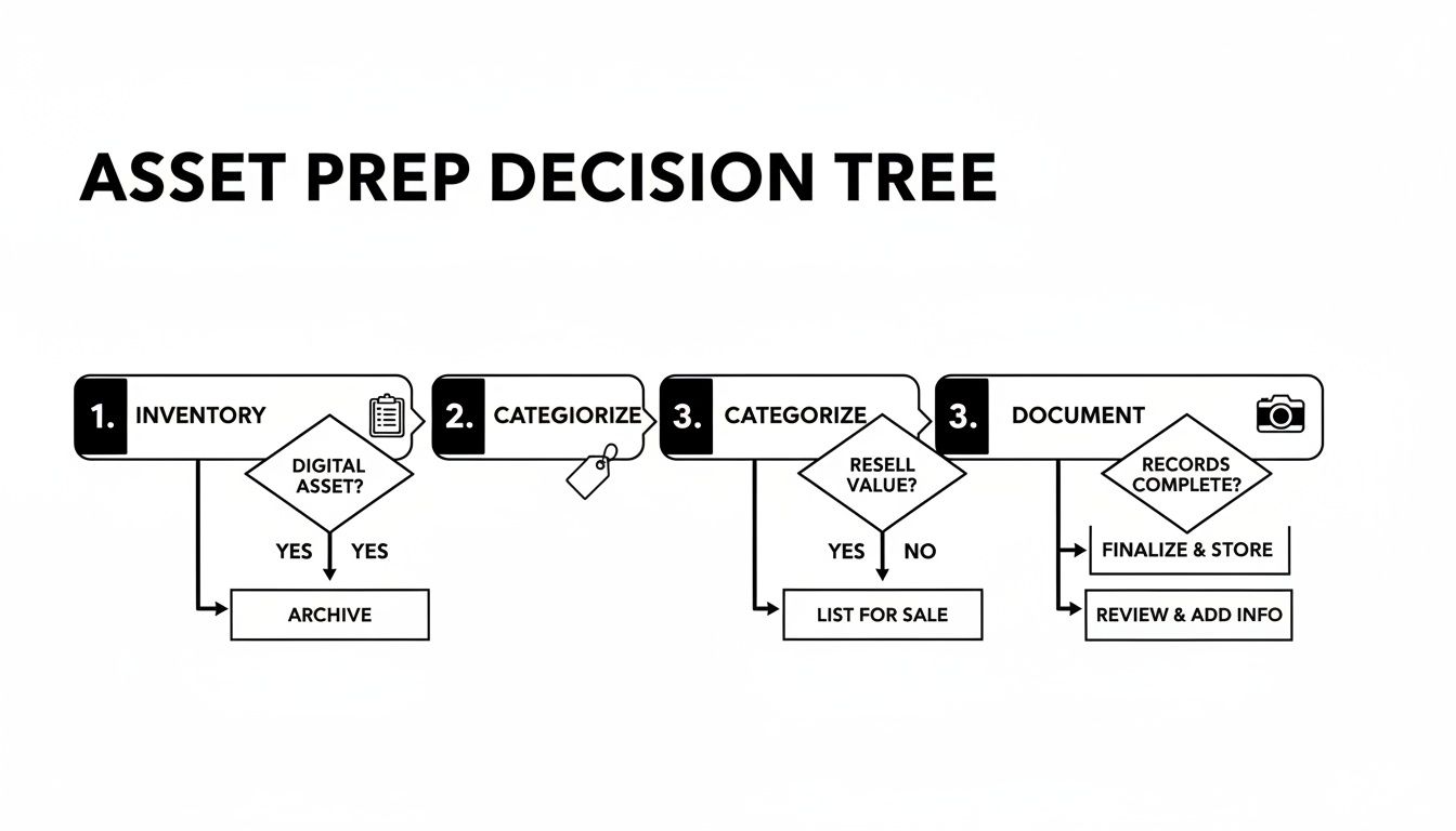 Asset preparation decision tree illustrating steps for inventory, categorization, and documentation in IT asset disposition for secure data destruction and compliance in Georgia.