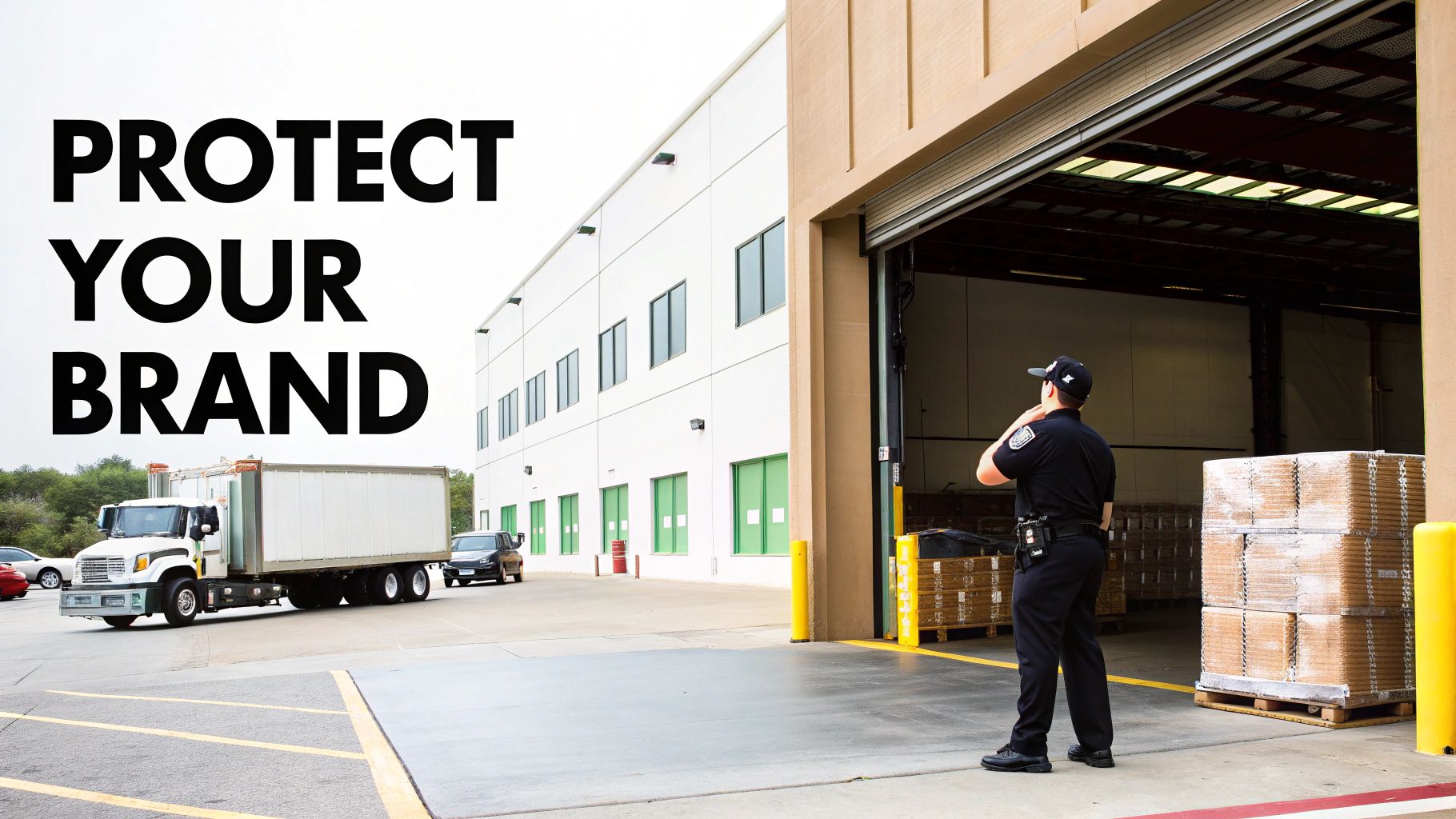 A security guard stands at a warehouse loading dock with a truck, emphasizing brand protection.
