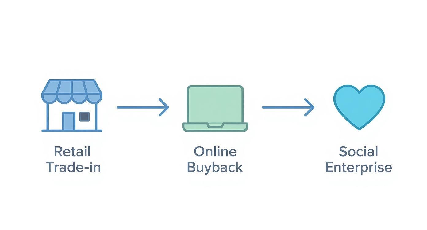 Customer journey flow diagram showing retail trade-in to online buyback to social enterprise process