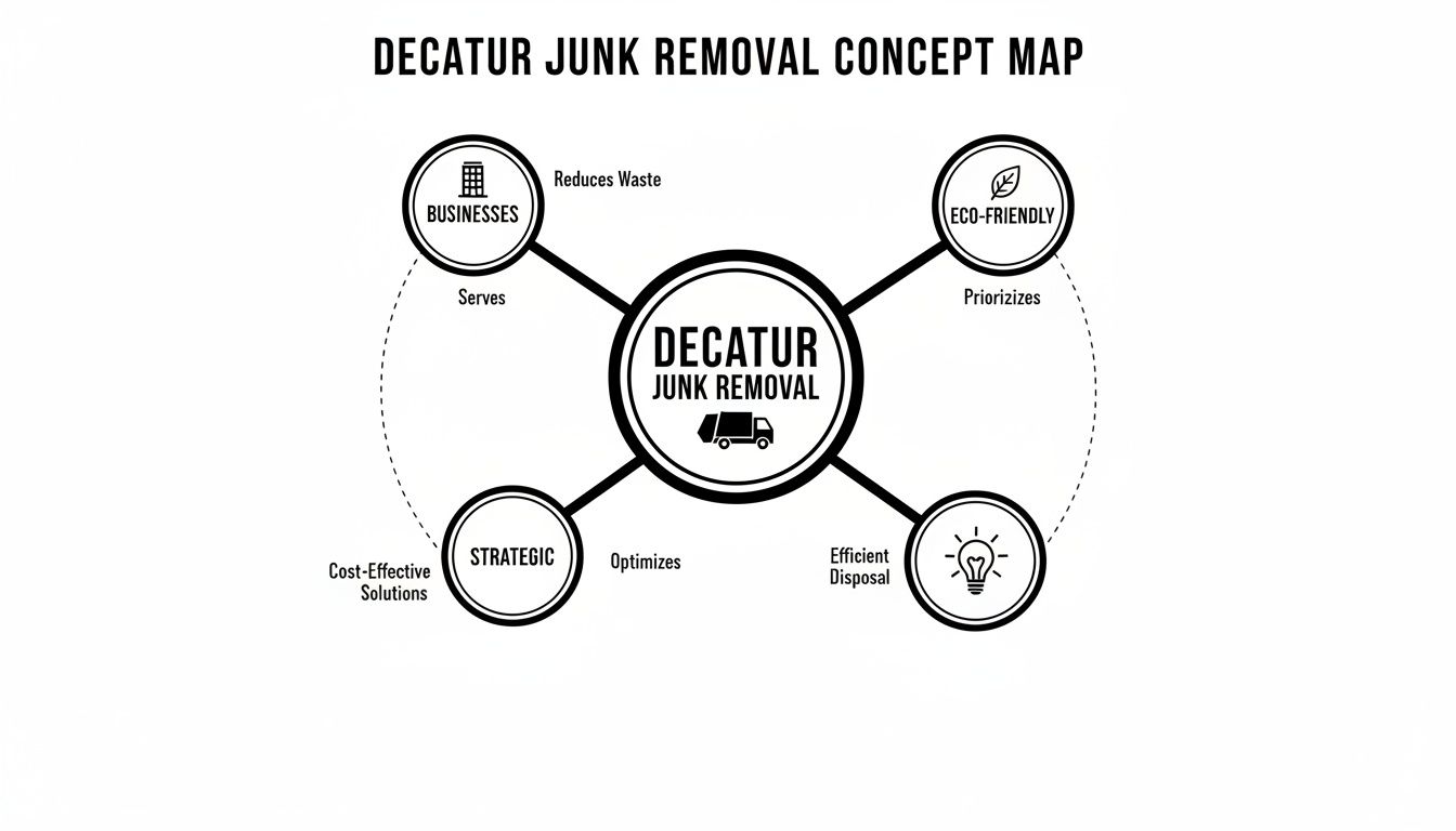 A concept map outlining Decatur Junk Removal's core values: serving businesses, eco-friendly practices, strategic solutions, and efficient disposal.